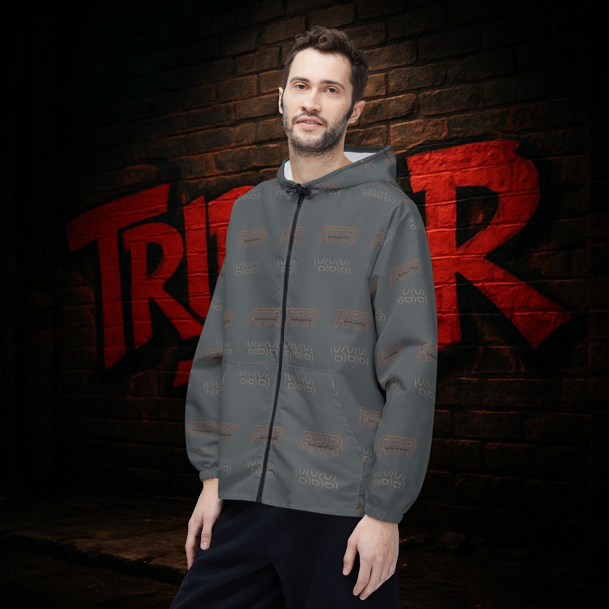 Windbreaker Jacket — All-Over Print Logo Rain Shell