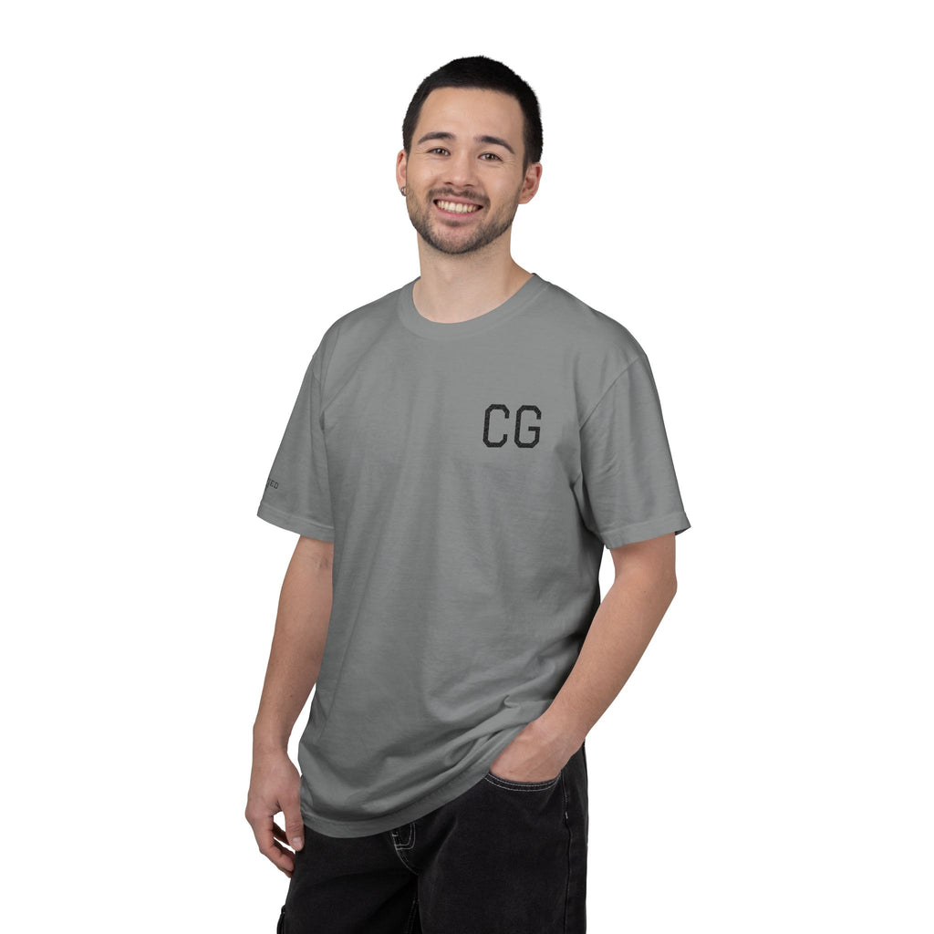 CG Chest Logo T‑Shirt — Minimalist White Tee with Sleeve Patch