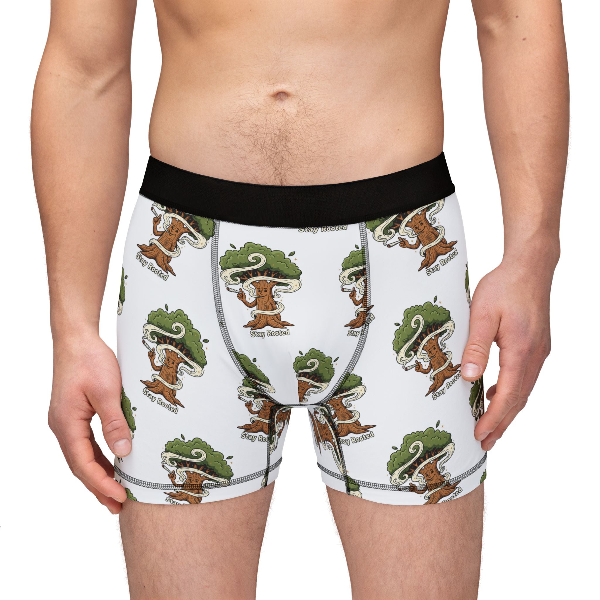 Tree Character Men’s Boxer Briefs — Cute Forest Pattern All-Over Print