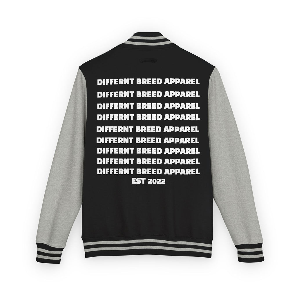 Letterman Jacket — Small Neon Portrait Patch & Repeated 'Different Breed Apparel' Back Print