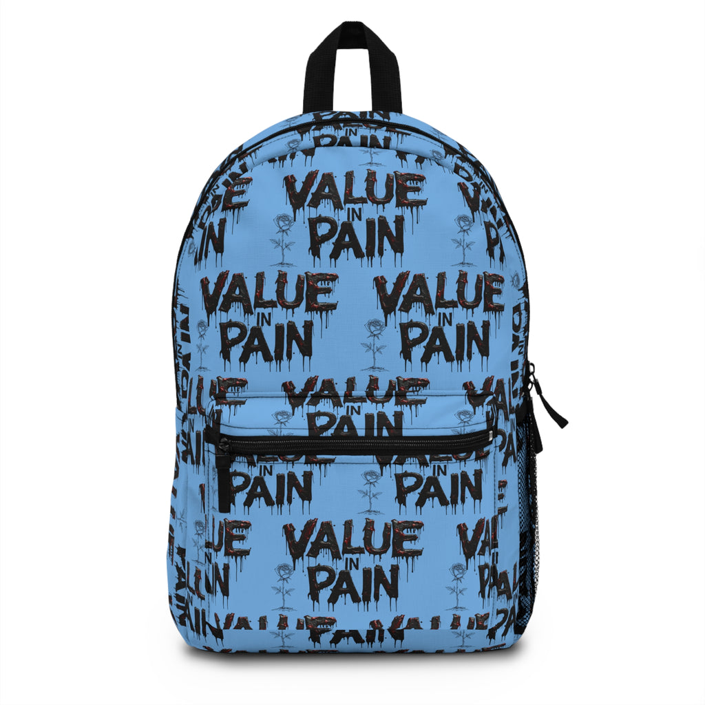 Value in Pain Backpack — Blue Graffiti Text Pattern