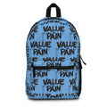 Value in Pain Backpack — Blue Graffiti Text Pattern