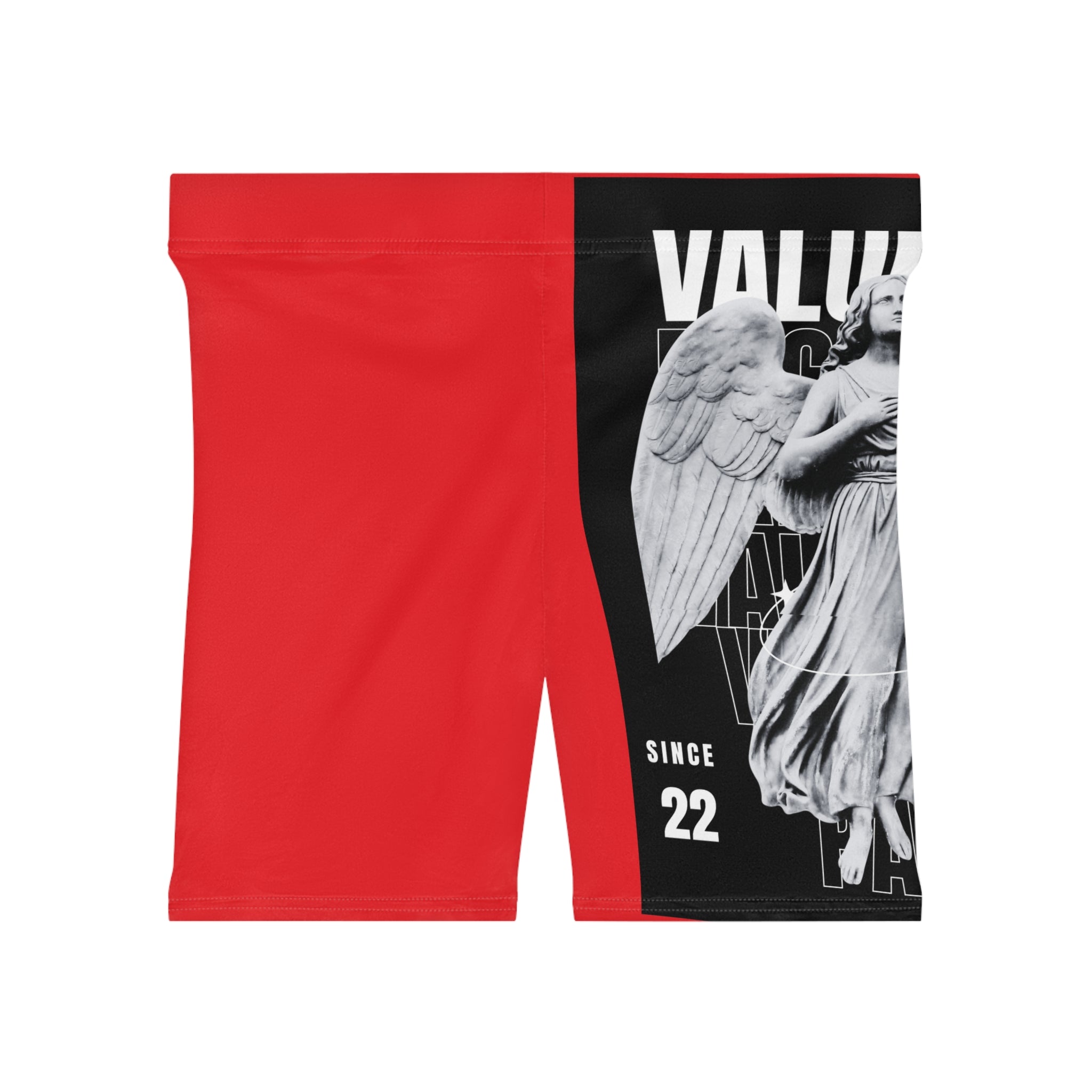 Angel Statue 'Value of Pain' Women's Biker Shorts — Red & Black Graphic