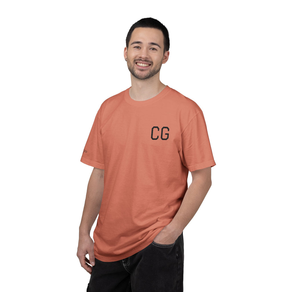 CG Chest Logo T‑Shirt — Minimalist White Tee with Sleeve Patch