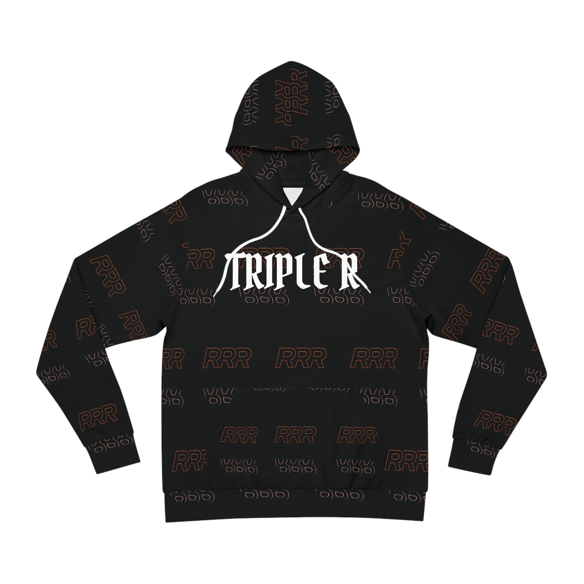 Triple R Logo Hoodie — Black All-Over Print Streetwear Pullover