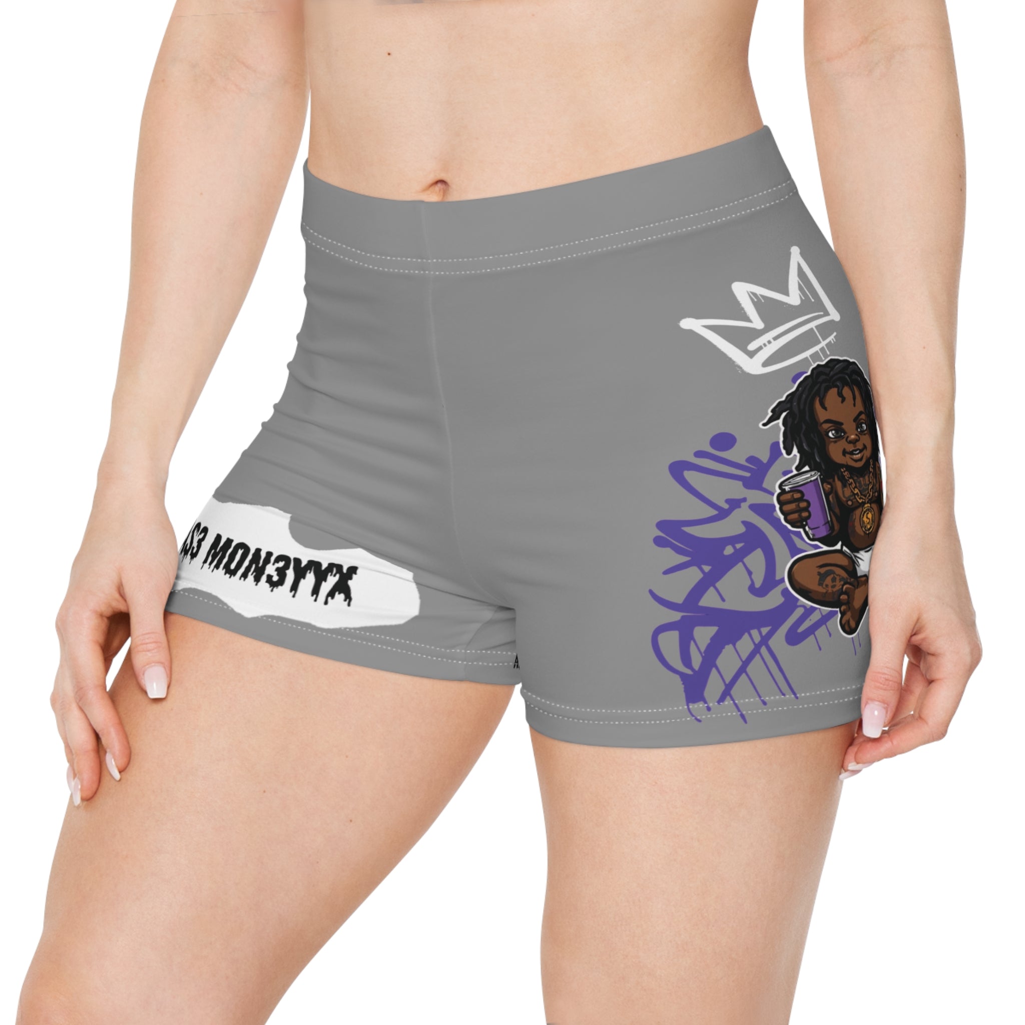 Graphic Women’s Shorts — 'Chas3 Mon3yx' Streetwear with Crowned Character & Graffiti