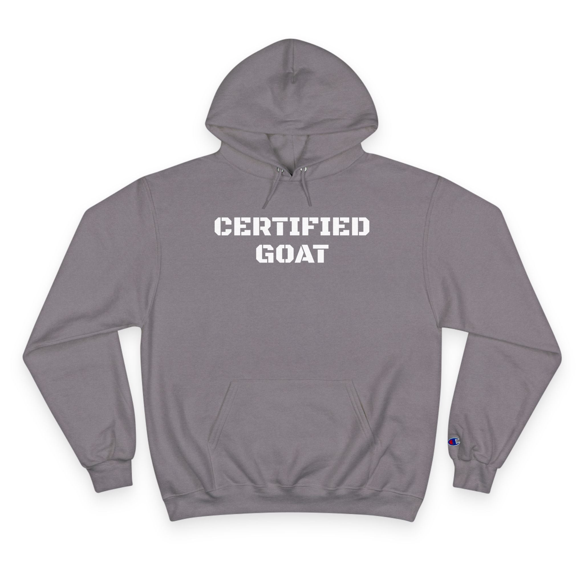 Certified Goat Hoodie — Champion Style Pullover with Front Text & Back Goat Portrait