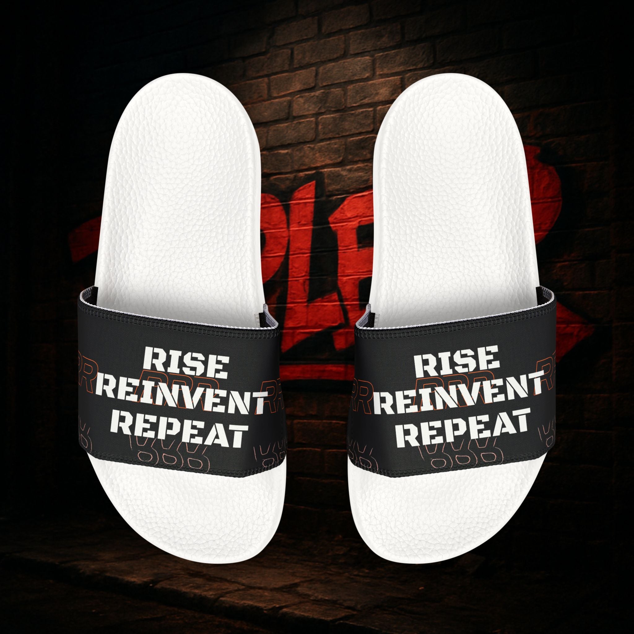 Slide Sandals — Black Strap "Rise Reinvent Repeat" Women's Removable‑Strap Slides