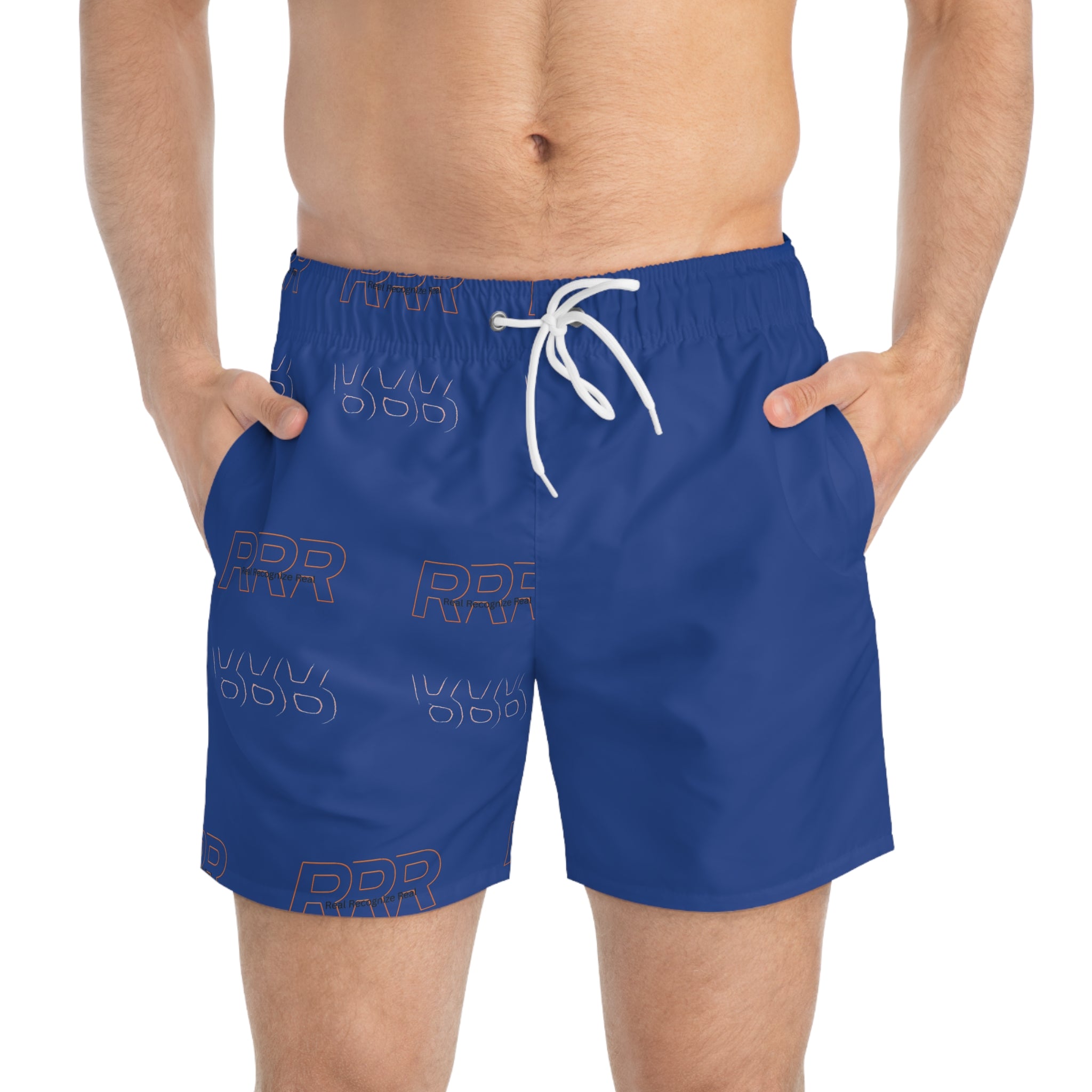 Blue All-Over-Print Swim Trunks — Repeating "RRR" Graphic