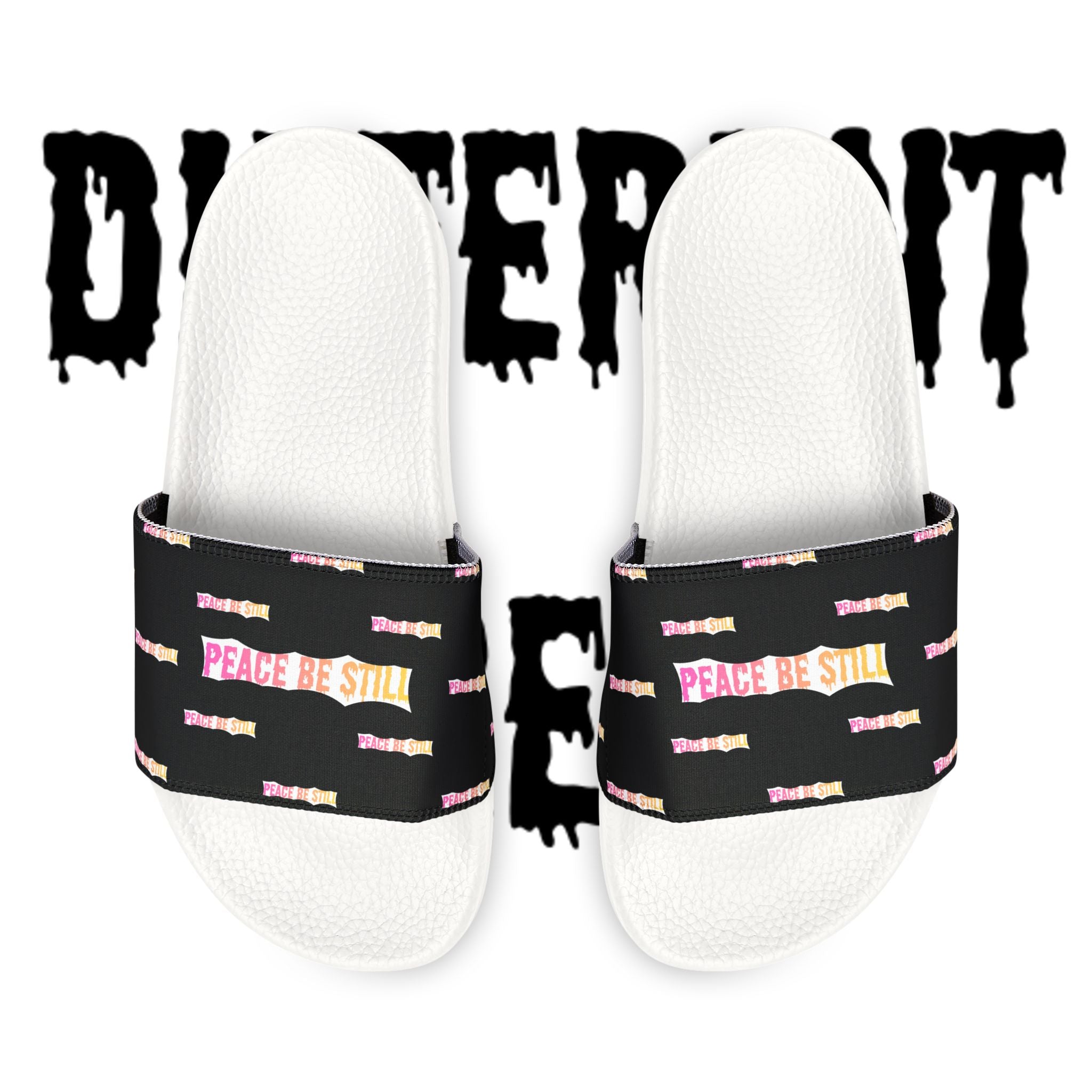 Slide Sandals — Black Printed "Peace & Shh" Straps, Removable‑Strap Pool Slides