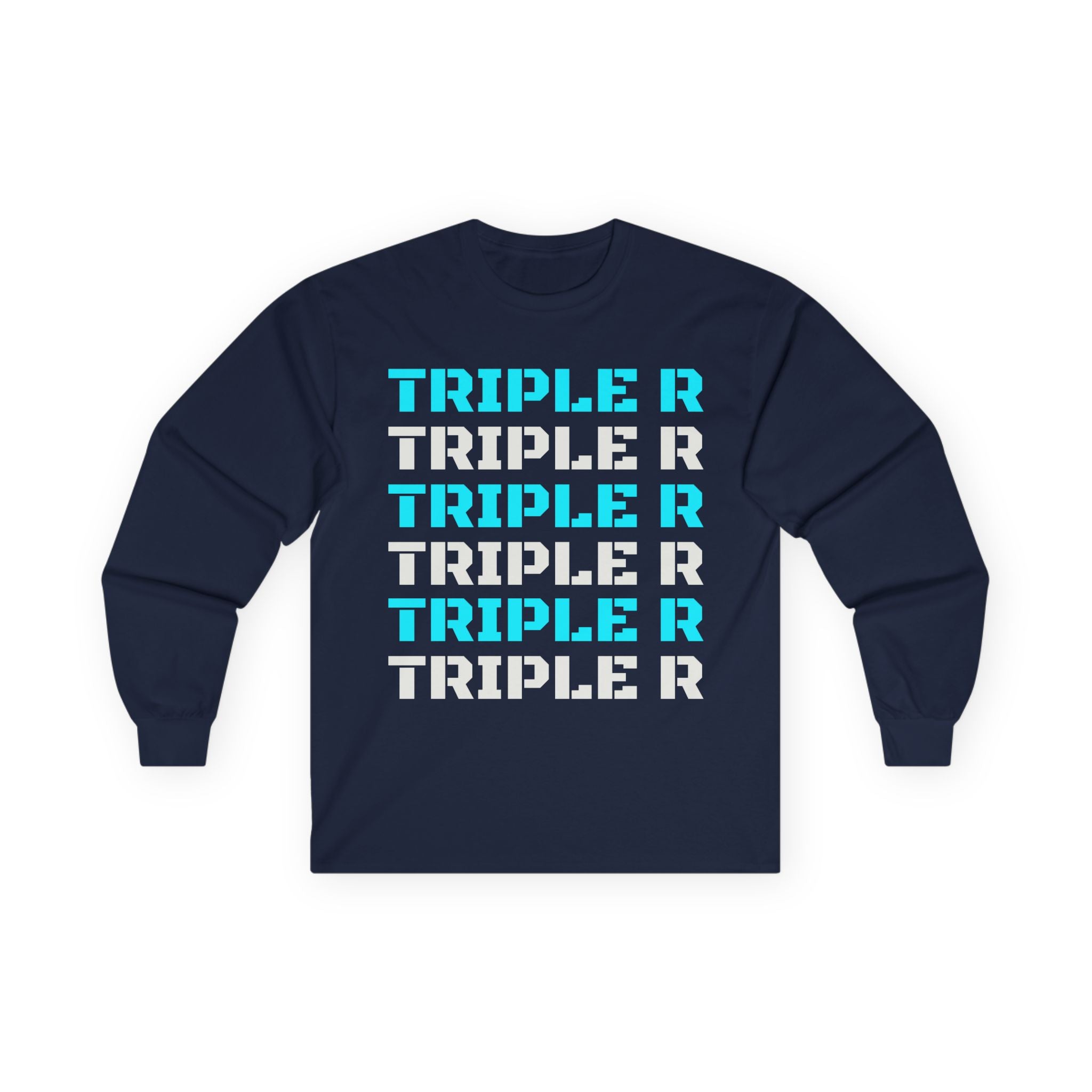 Triple R Repeated Graphic Long Sleeve Tee — Modern Tech Blue Typography