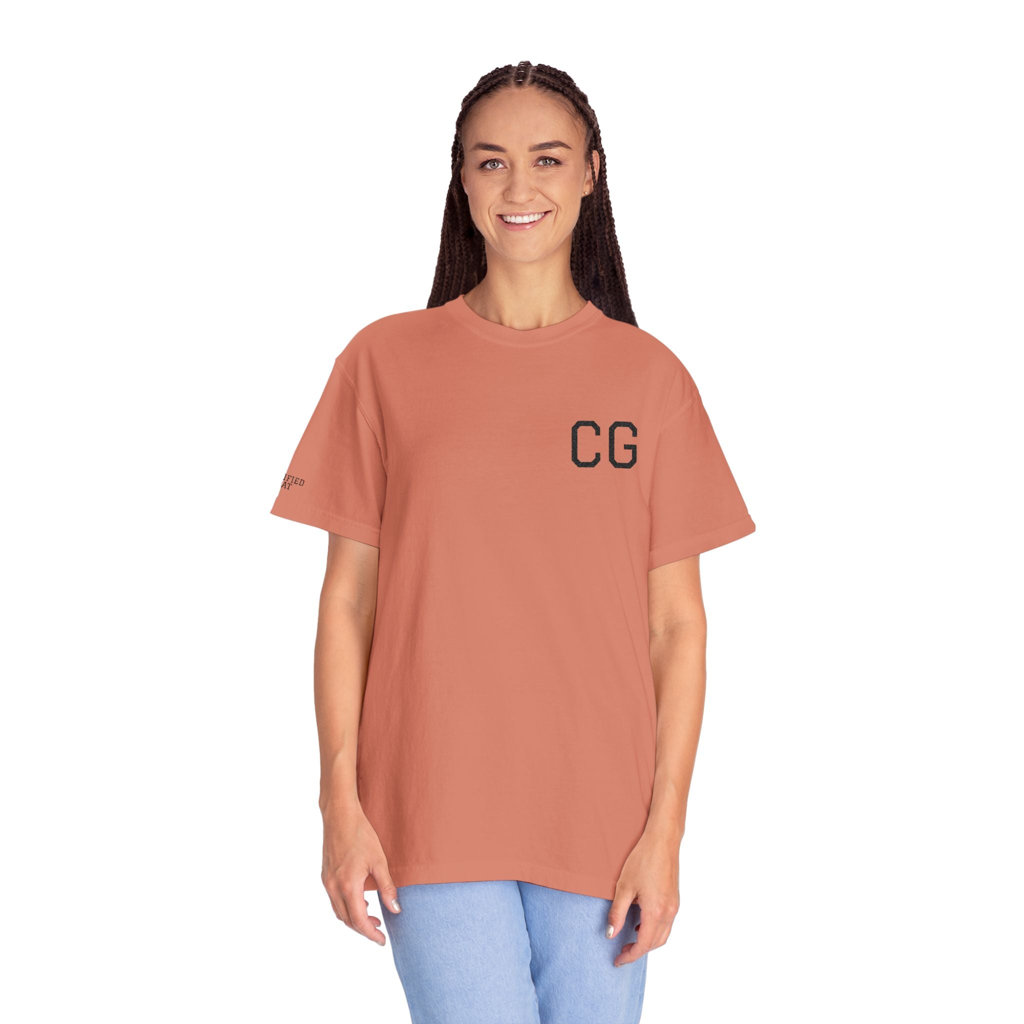 CG Chest Logo T‑Shirt — Minimalist White Tee with Sleeve Patch