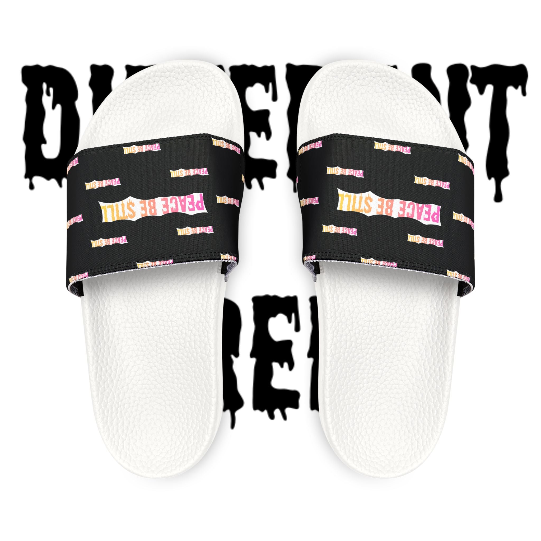 Slide Sandals — Black Printed "Peace & Shh" Straps, Removable‑Strap Pool Slides