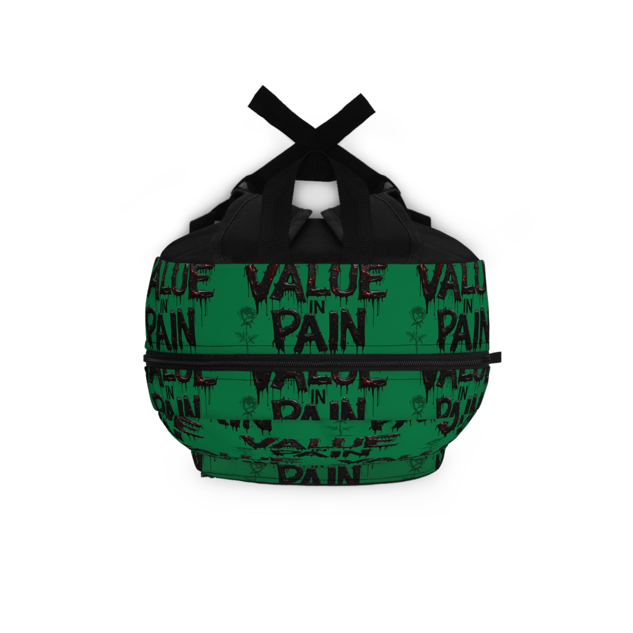 Backpack — Green "Value in Pain" Graphic Backpack, Edgy Streetwear Bag for Teens & Alternative Fashion