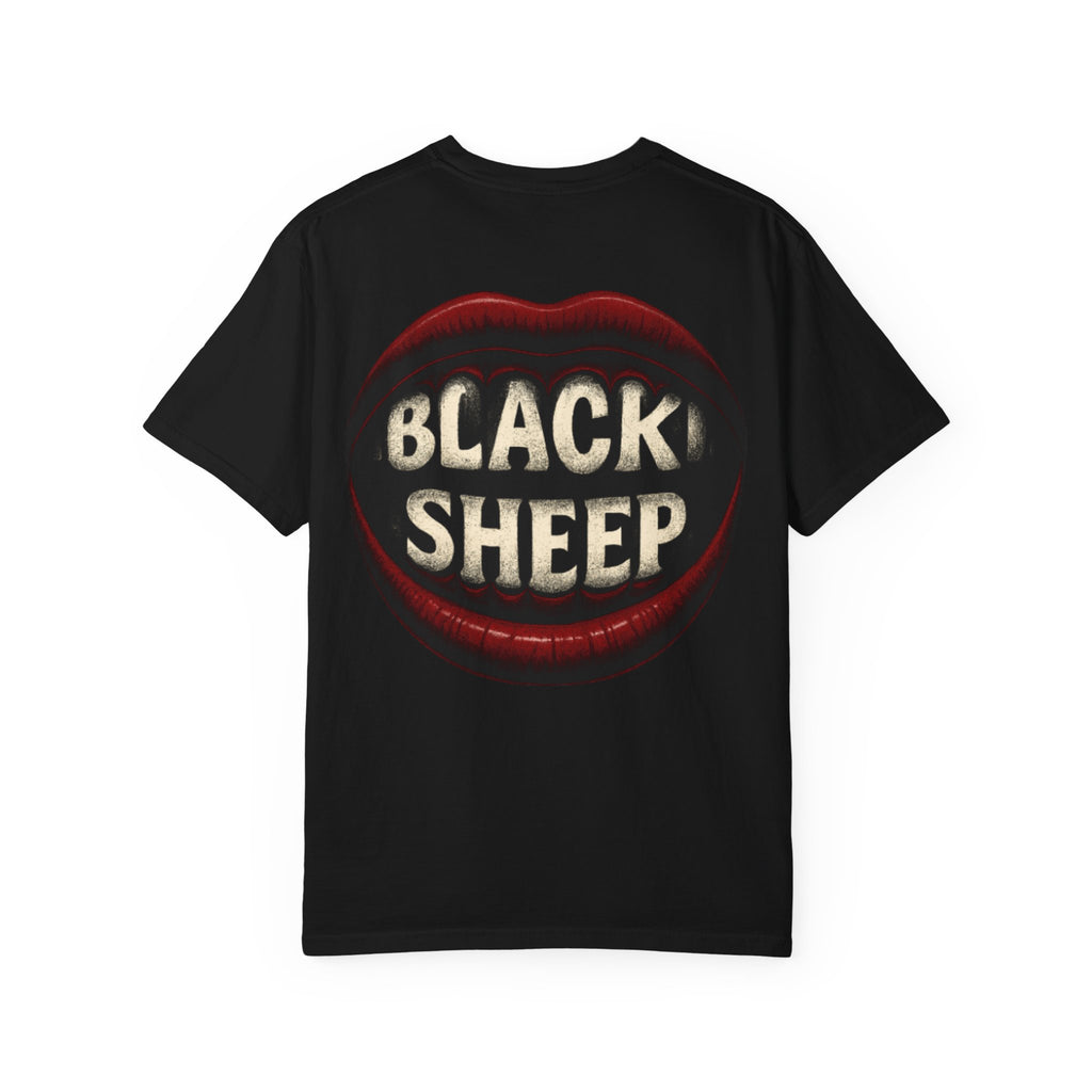 Black Sheep T-Shirt — Bold Back Lip Graphic & Front Text
