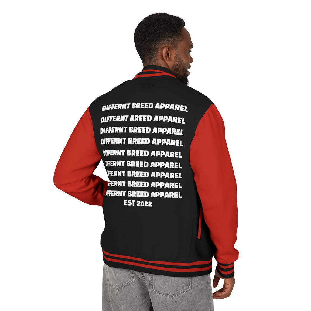 Letterman Jacket — Small Neon Portrait Patch & Repeated 'Different Breed Apparel' Back Print