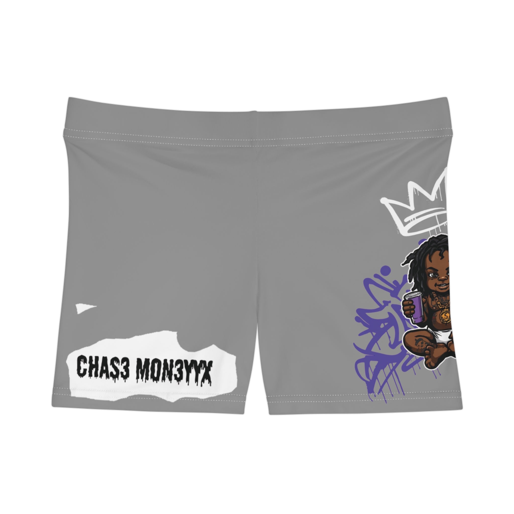 Graphic Women’s Shorts — 'Chas3 Mon3yx' Streetwear with Crowned Character & Graffiti