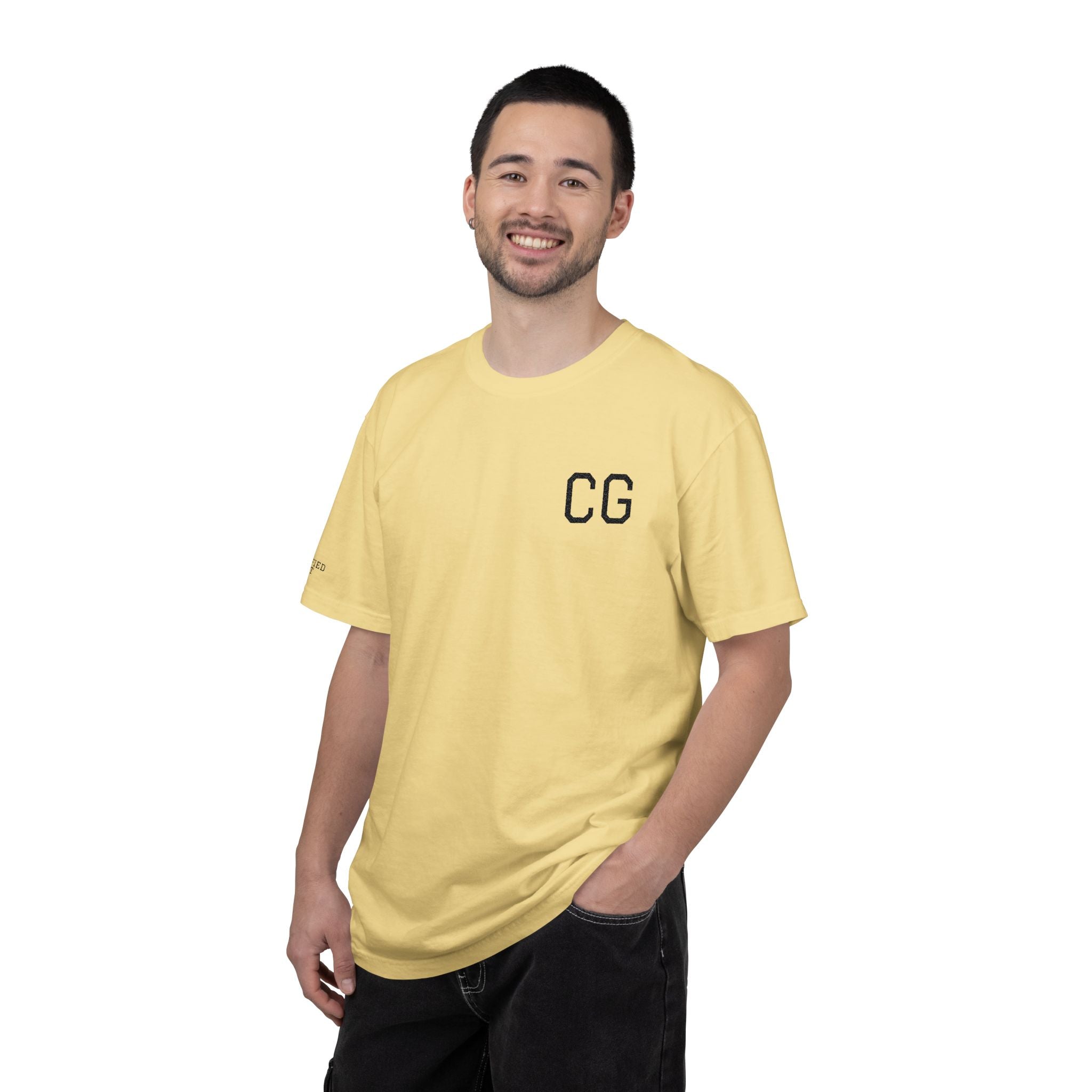 CG Chest Logo T‑Shirt — Minimalist White Tee with Sleeve Patch