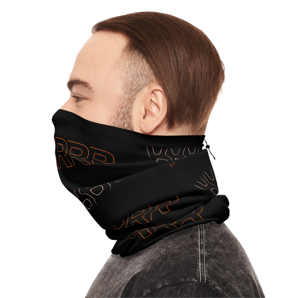 Black Winter Neck Gaiter with Drawstring — Repeating “RRR” Logo Cold-Weather Face Mask
