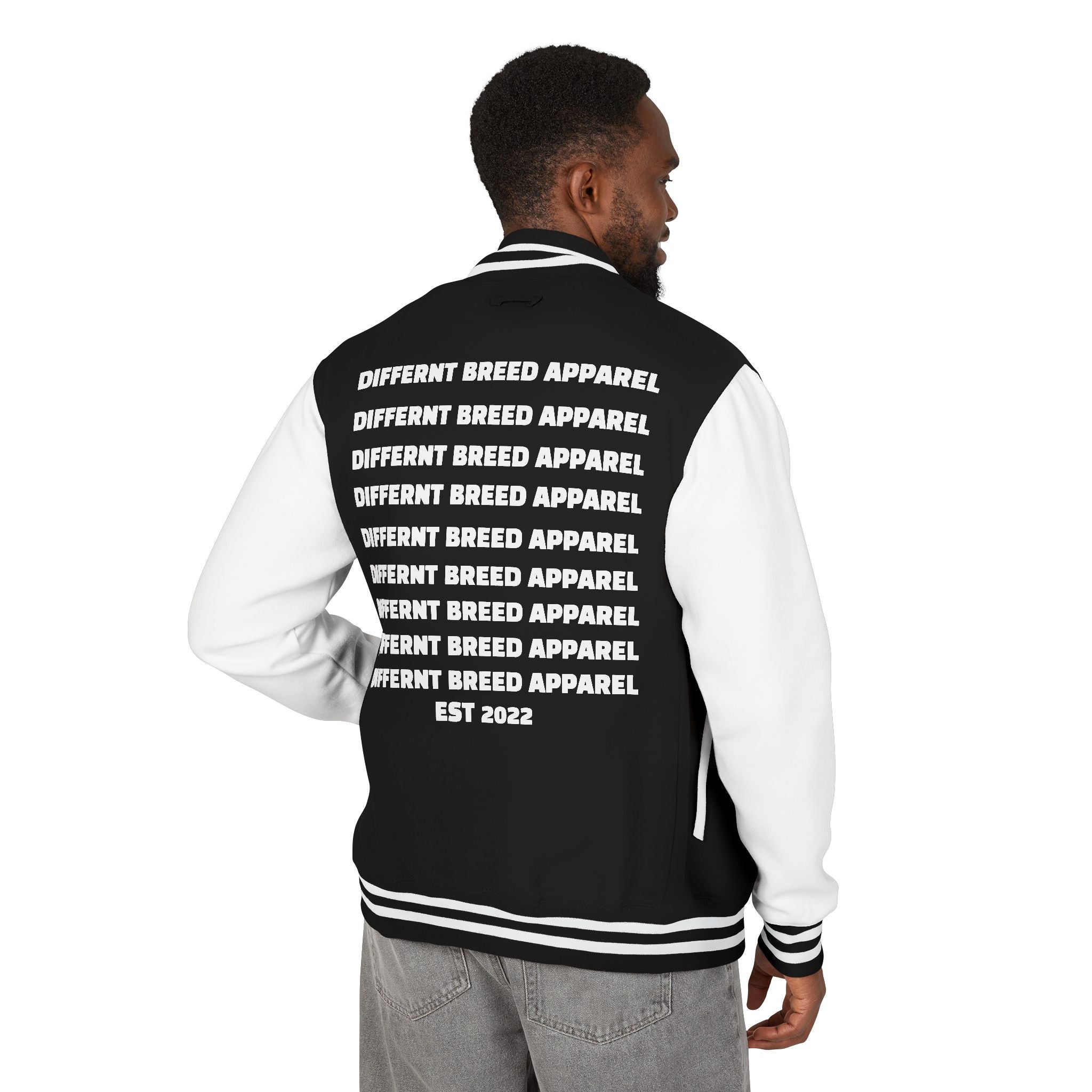 Letterman Jacket — Small Neon Portrait Patch & Repeated 'Different Breed Apparel' Back Print