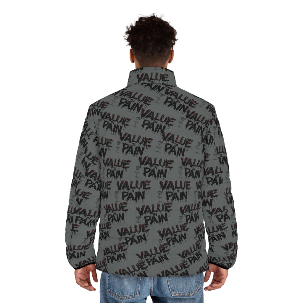 Puffer Jacket — Allover "Value Pain" Graphic Winter Coat