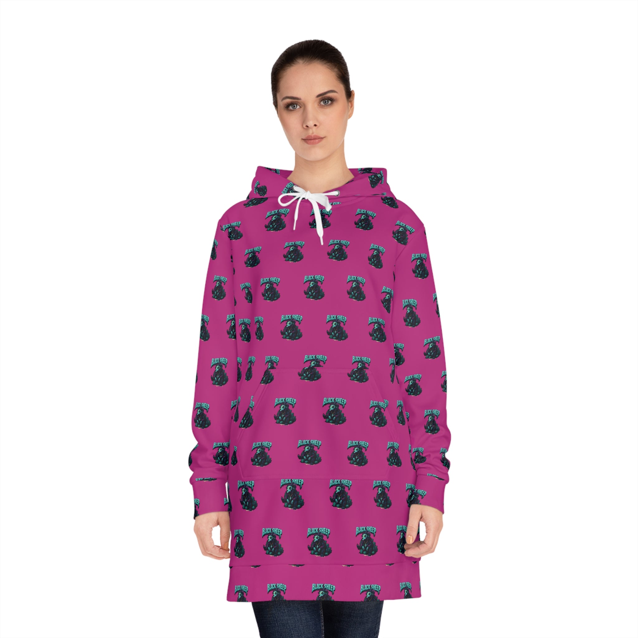 Women's Hoodie Dress — Pink 'Black Kitty' All-Over Print Cozy Pullover