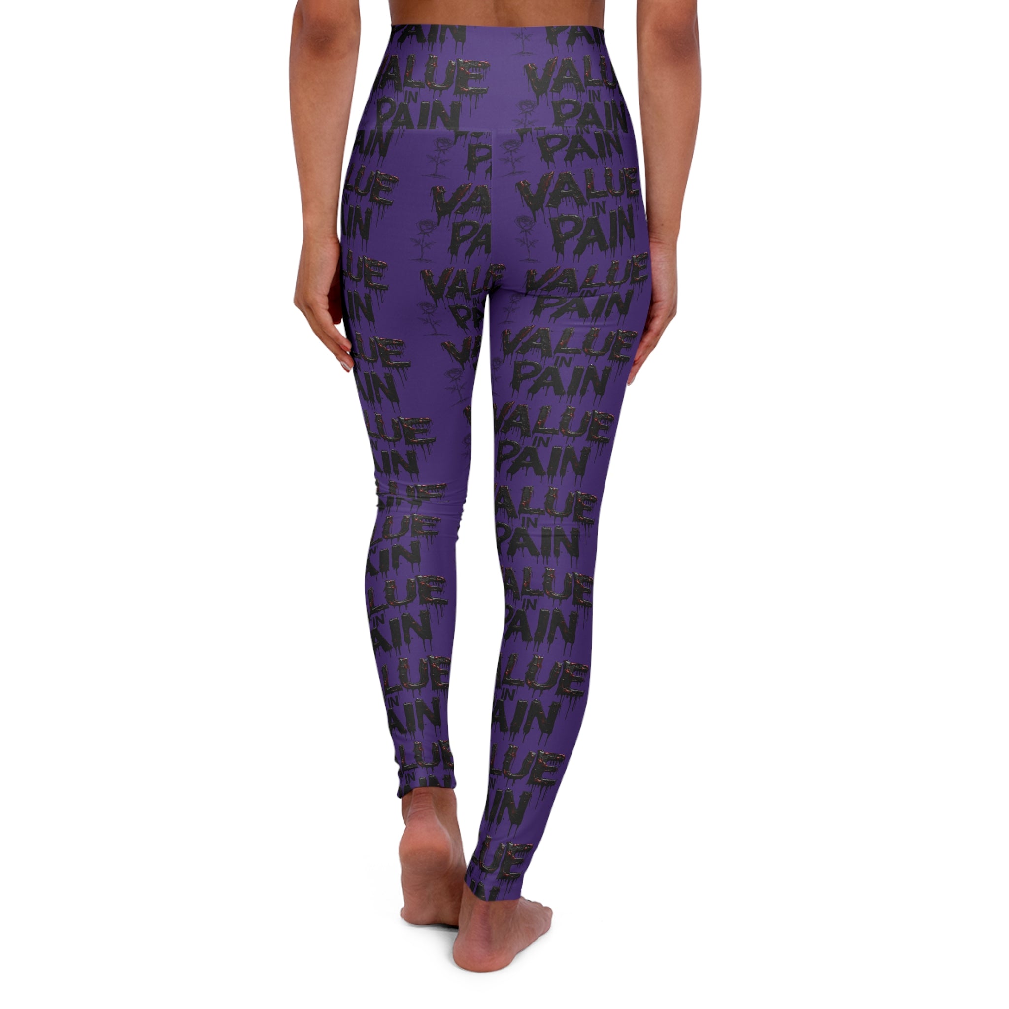 Value + Pain Purple High-Waist Yoga Leggings – Motivational All-Over Print