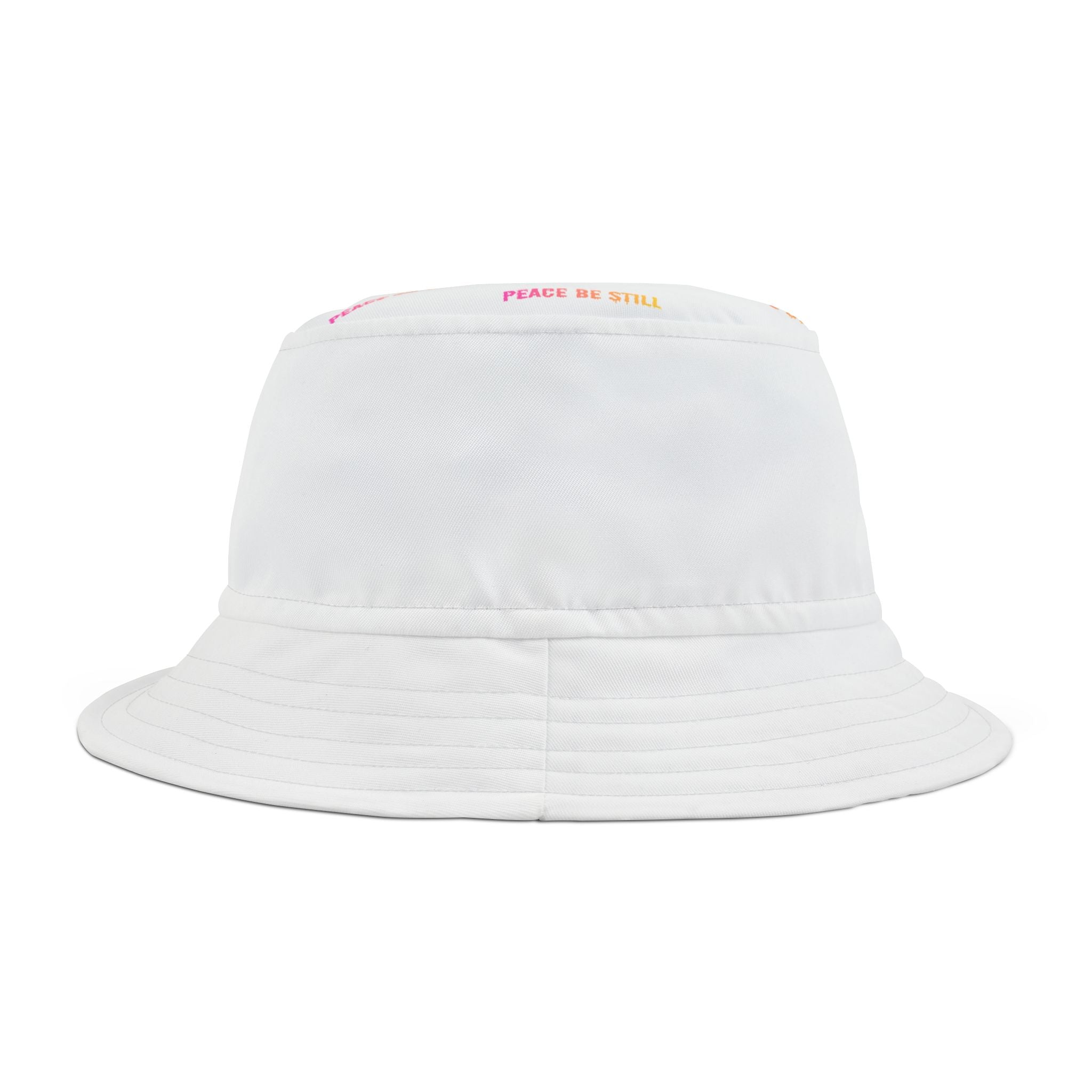 Peace Be Still Bucket Hat — White Tie-Dye Text Print Summer Sun Hat