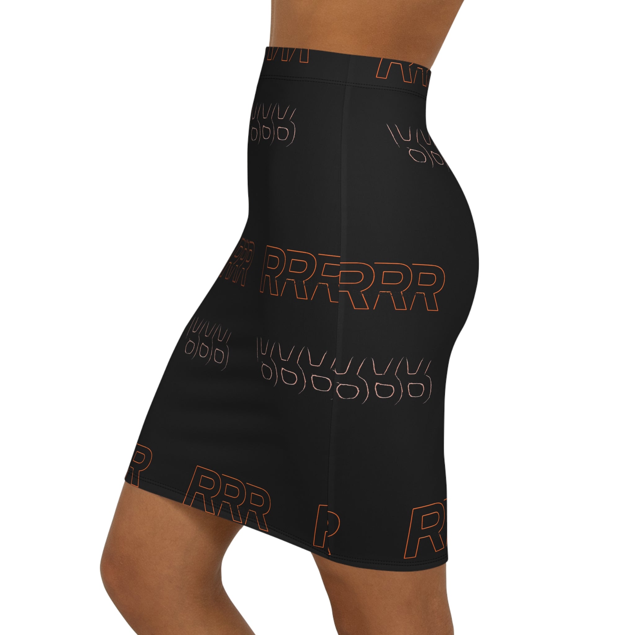 RRR Logo Black Mid‑Waist Pencil Skirt — Sleek Casual Graphic Skirt