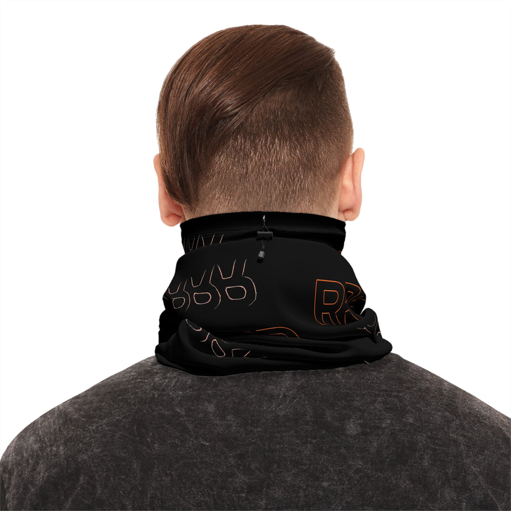 Black Winter Neck Gaiter with Drawstring — Repeating “RRR” Logo Cold-Weather Face Mask