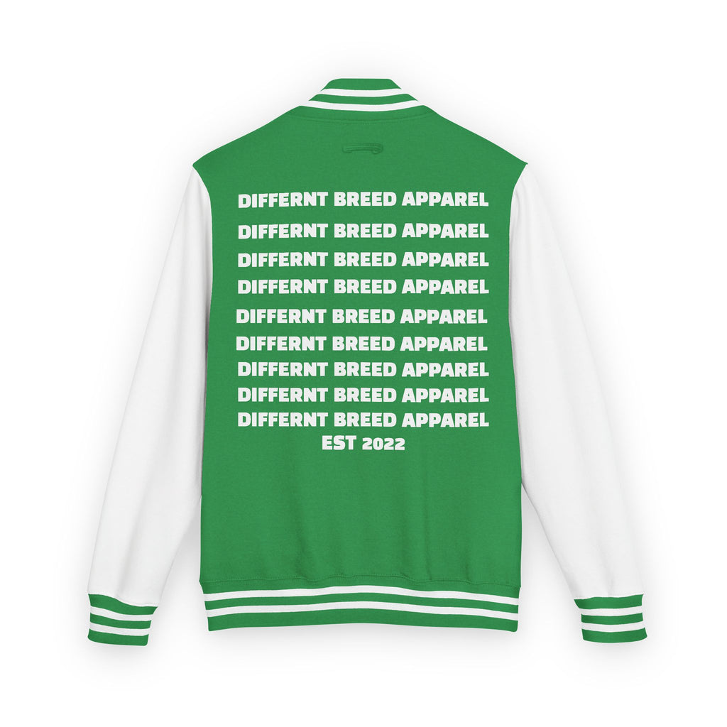 Letterman Jacket — Small Neon Portrait Patch & Repeated 'Different Breed Apparel' Back Print