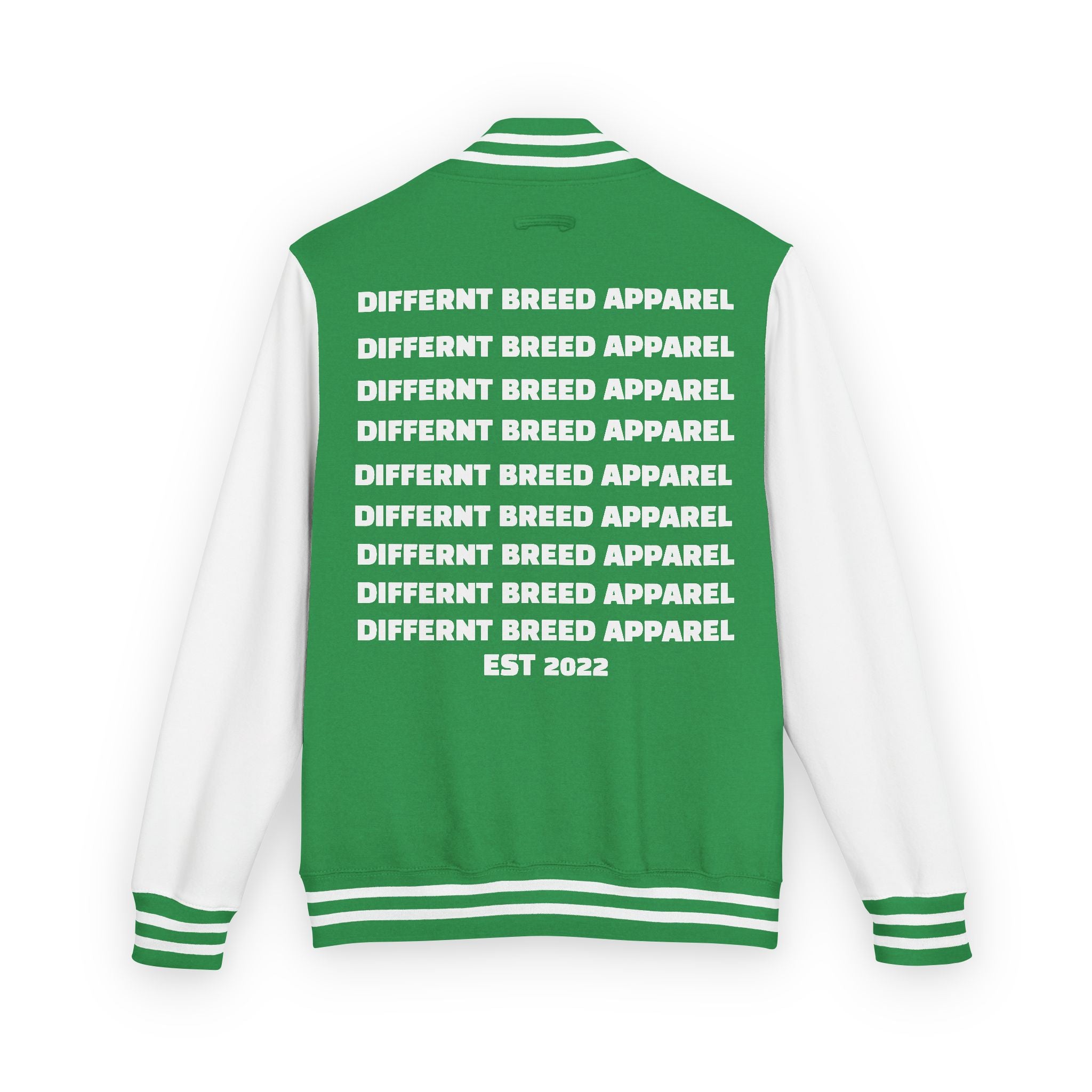 Letterman Jacket — Small Neon Portrait Patch & Repeated 'Different Breed Apparel' Back Print