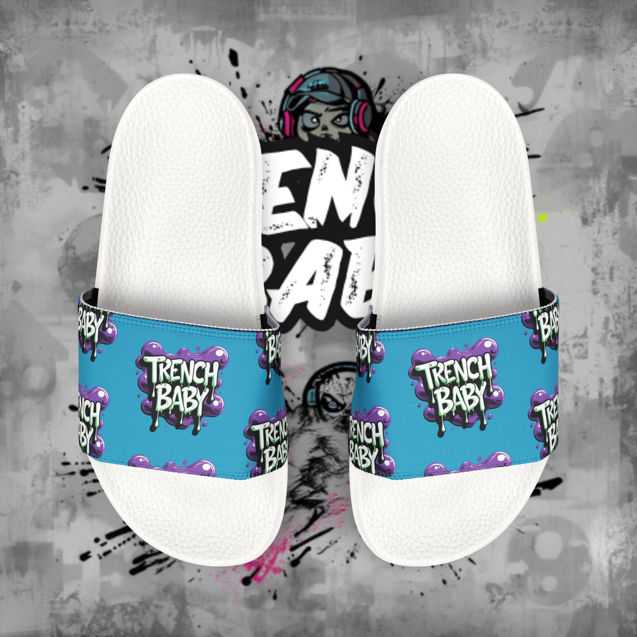 Men's Graphic Slide Sandals — 'Trench Baby' Blue Pattern Removable-Strap Slides