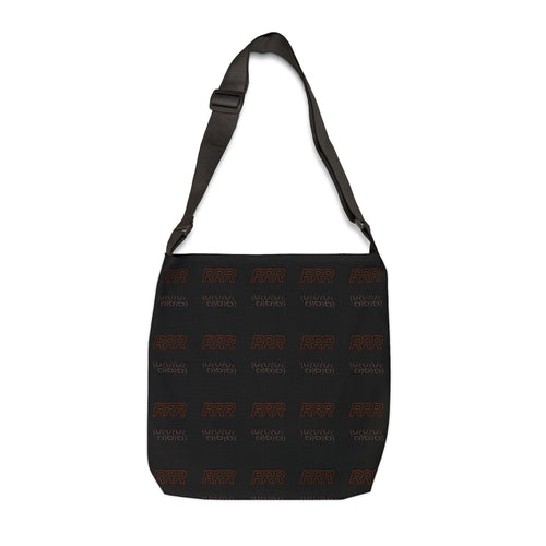 Adjustable Black Tote Bag with Repeating 'RRR' Graphic — Minimal Urban Shoulder Bag