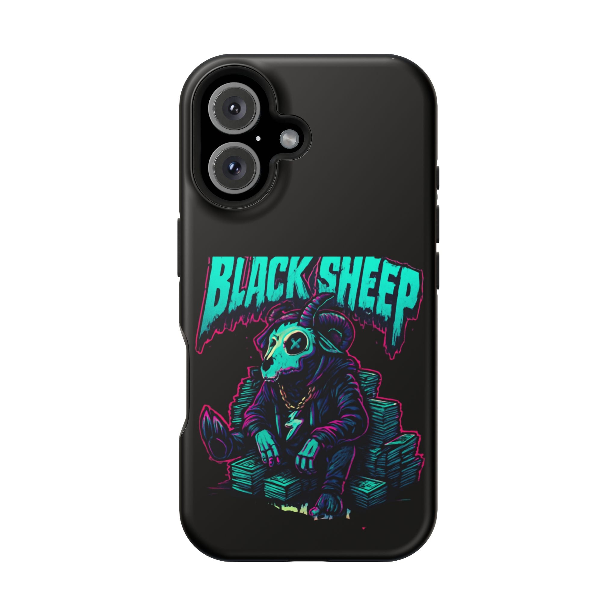 Impact-Resistant Phone Case — “Black Sheep” Neon Skull Design