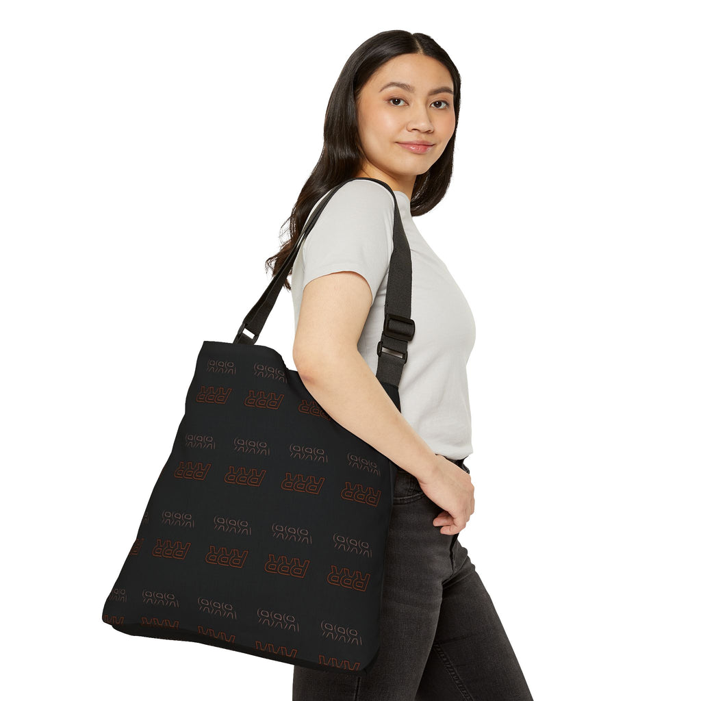 Adjustable Black Tote Bag with Repeating 'RRR' Graphic — Minimal Urban Shoulder Bag