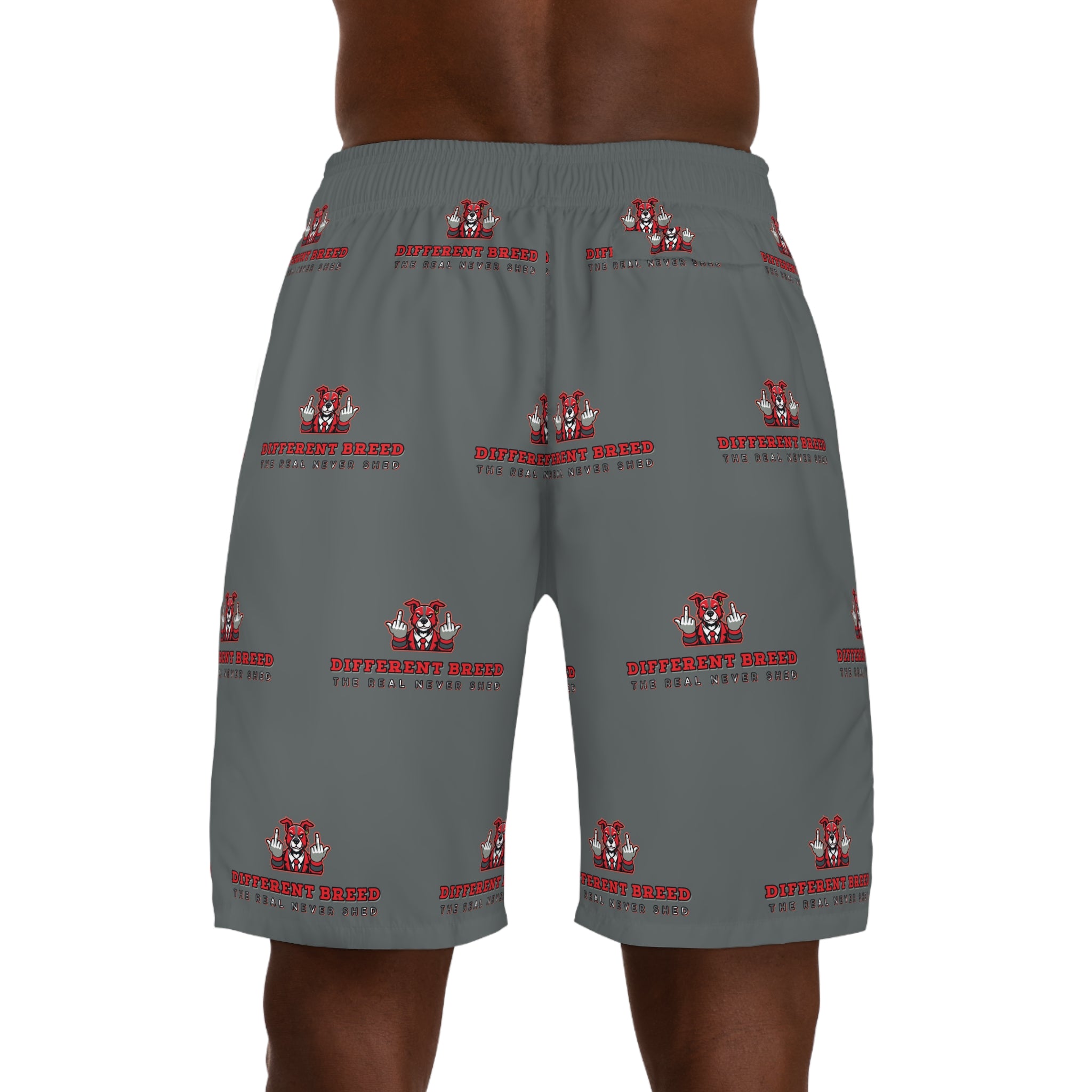 Grey Allover Print Men's Jogger Shorts — Red Crest Logo Pattern