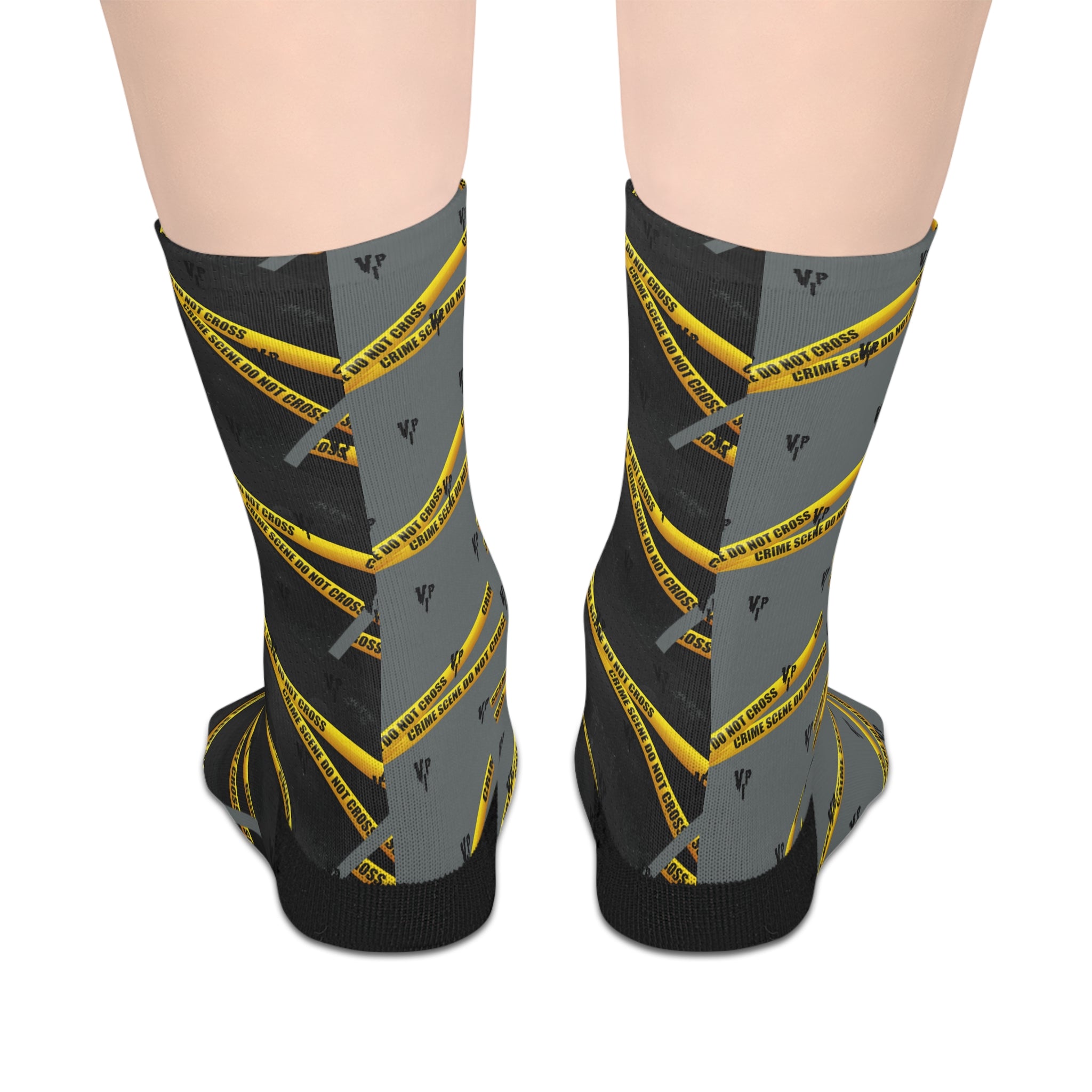 Crime Scene Tape Mid-Length Socks — Novelty Yellow Caution Pattern
