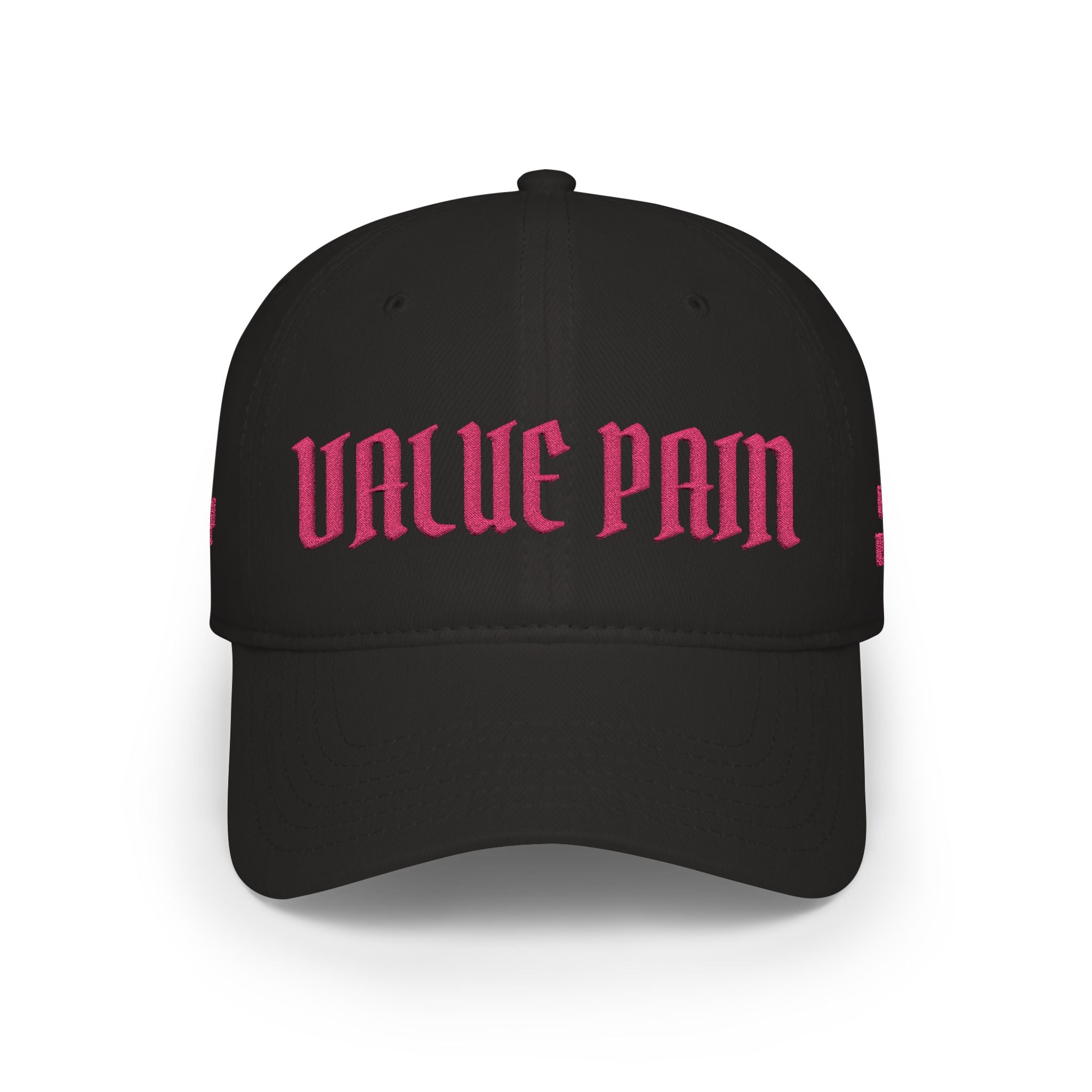 Value Pain Baseball Cap — Low Profile Black Hat with Pink Gothic Embroidery