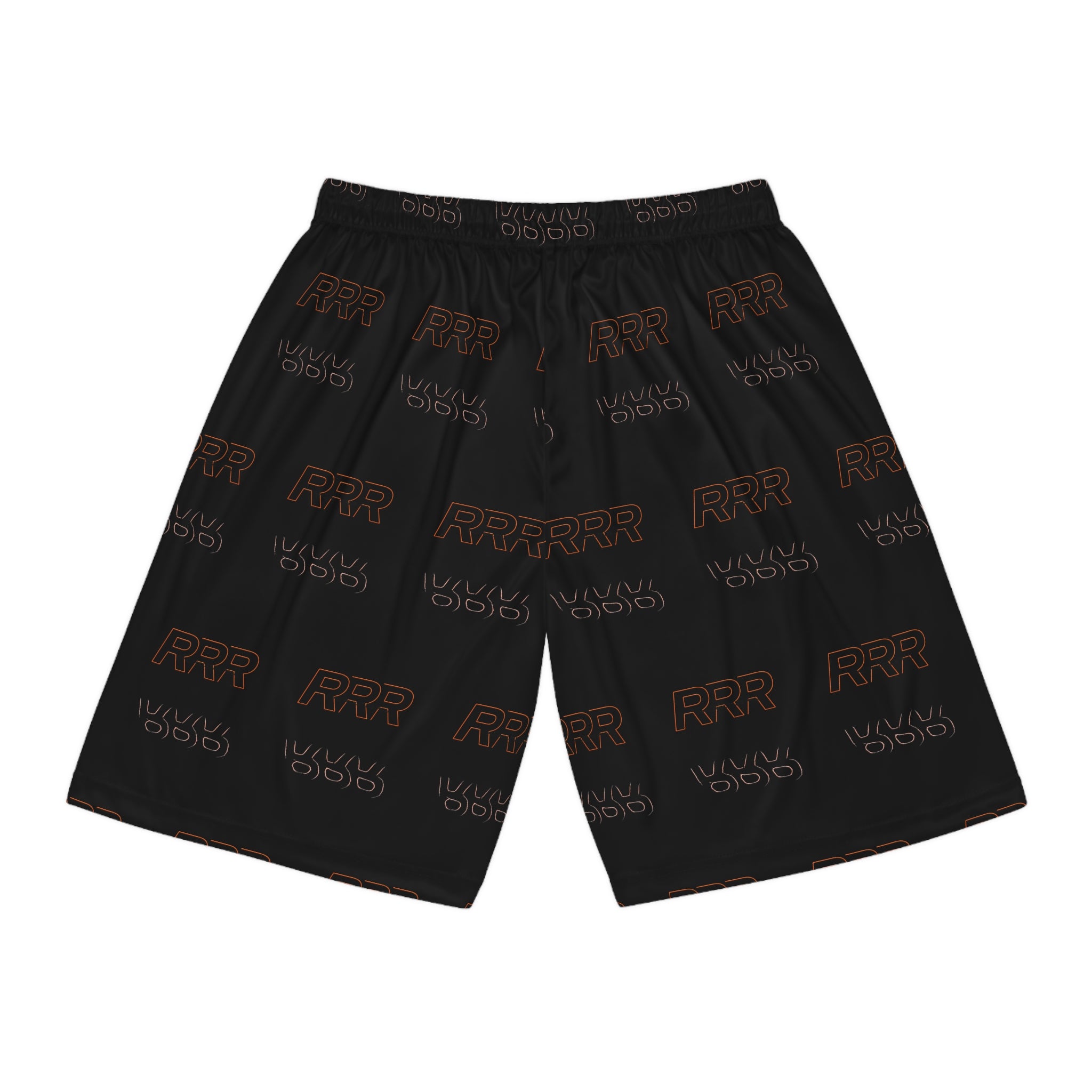 Black AOP Basketball Shorts with Repeating "RRR" Typography — Athletic Streetwear