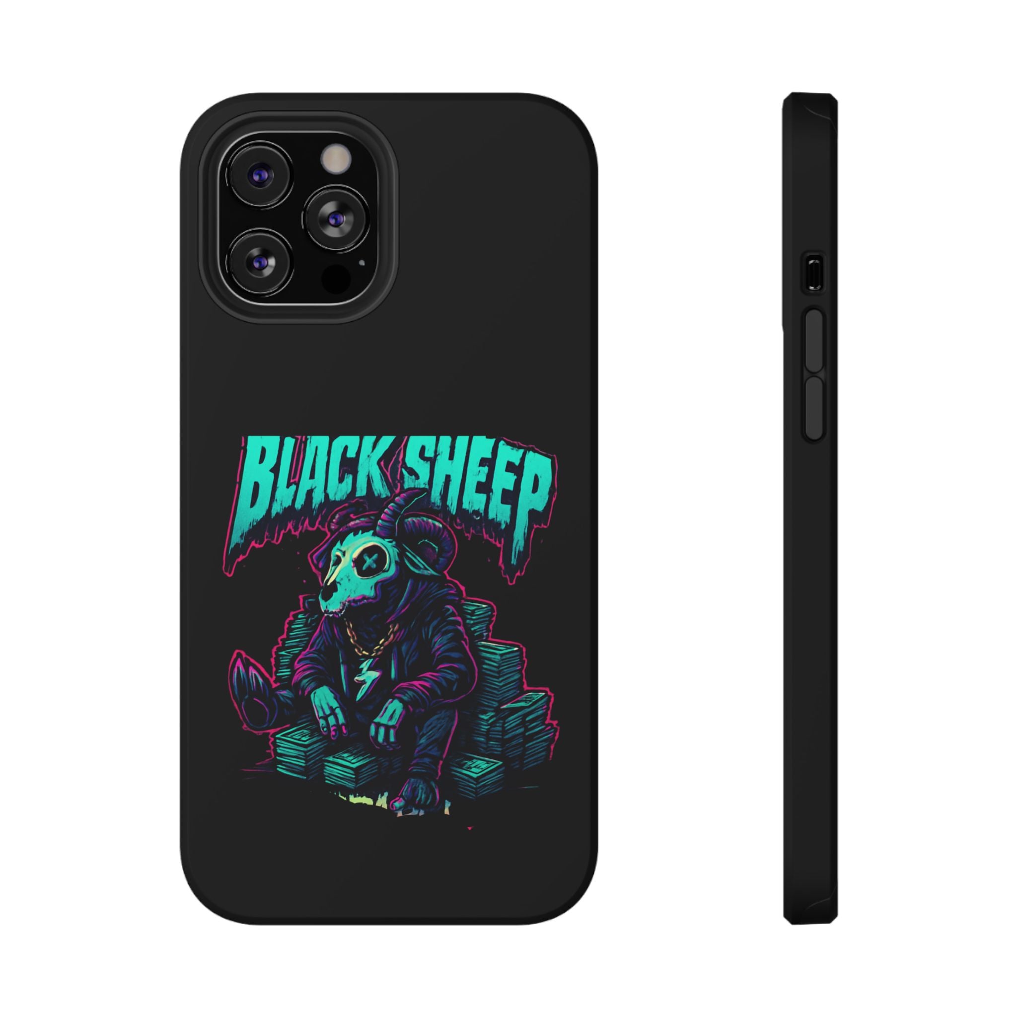 Impact-Resistant Phone Case — “Black Sheep” Neon Skull Design