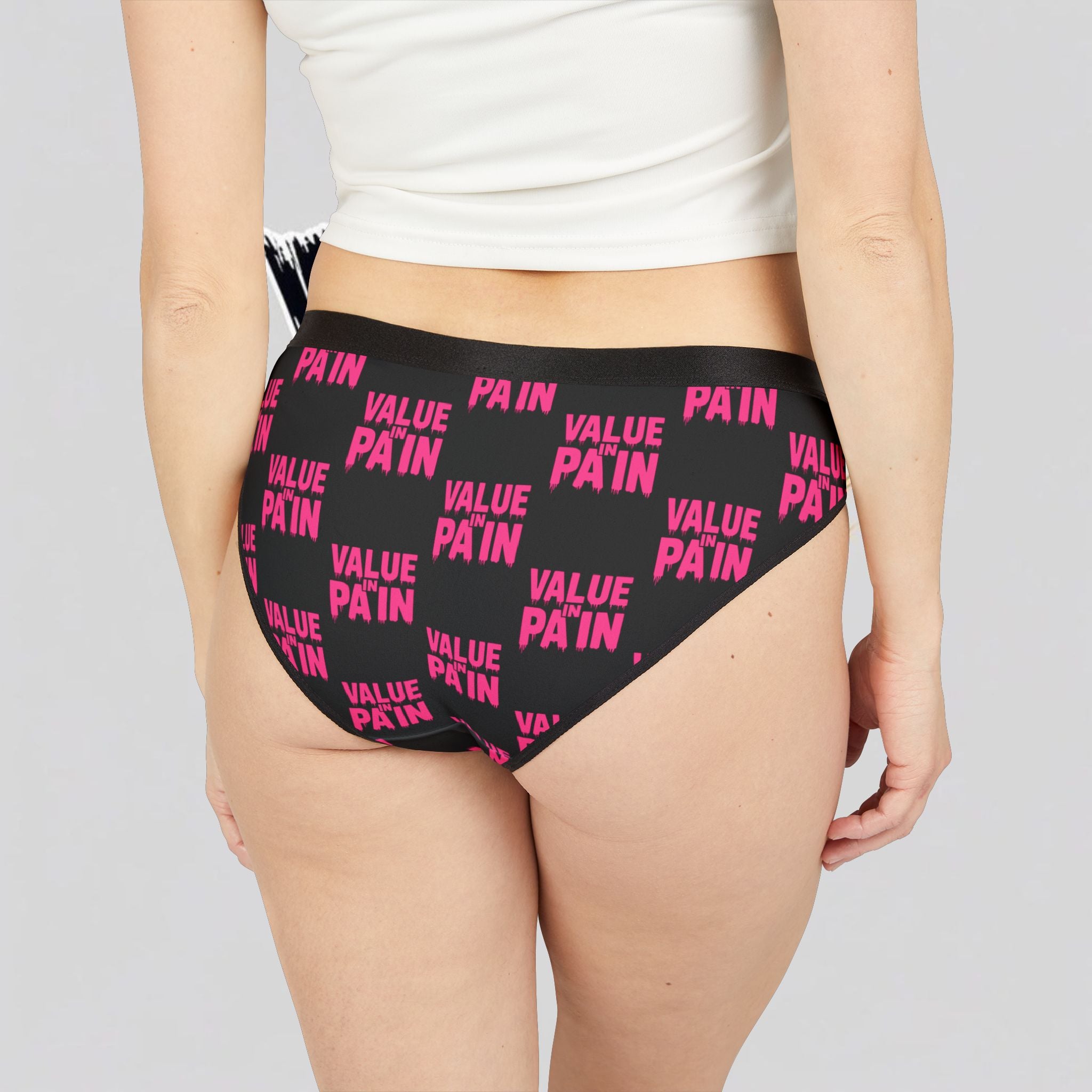 Value Pain Women's Bikini Briefs — Black & Pink Repeating Text Pattern