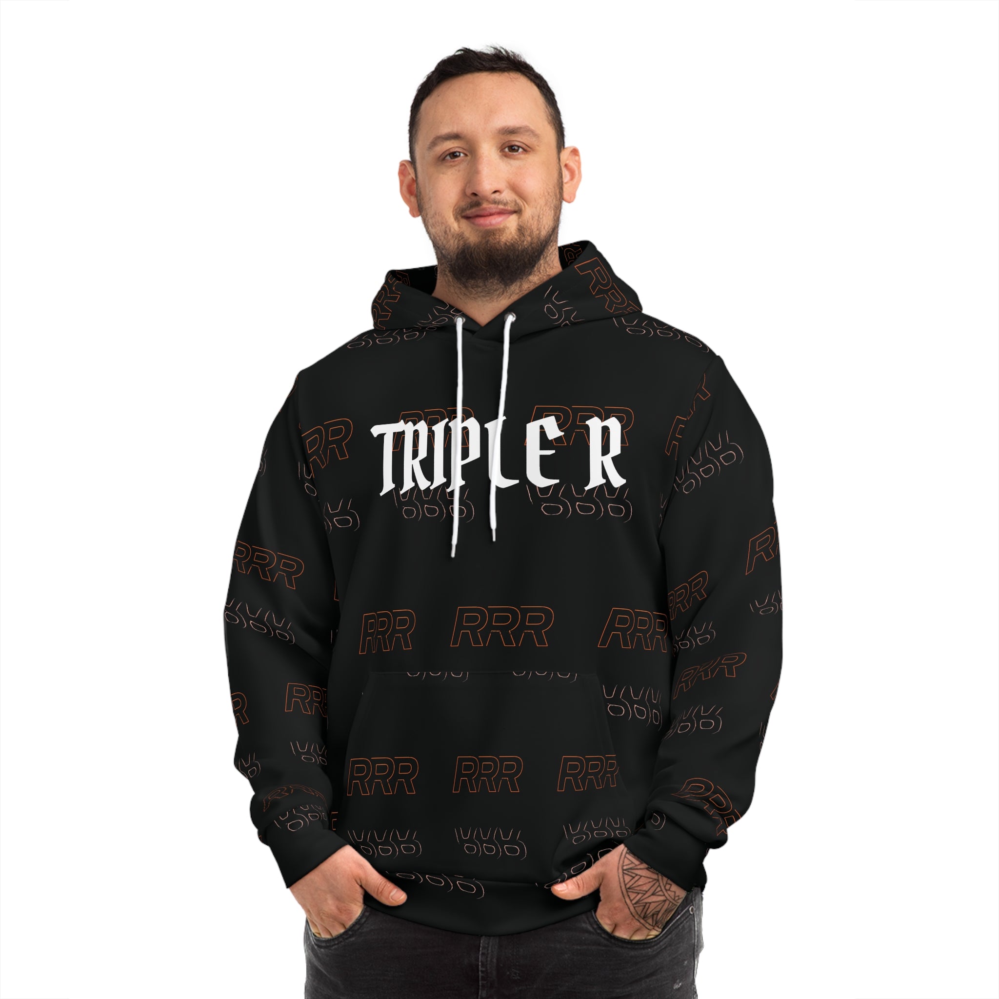Triple R Logo Hoodie — Black All-Over Print Streetwear Pullover