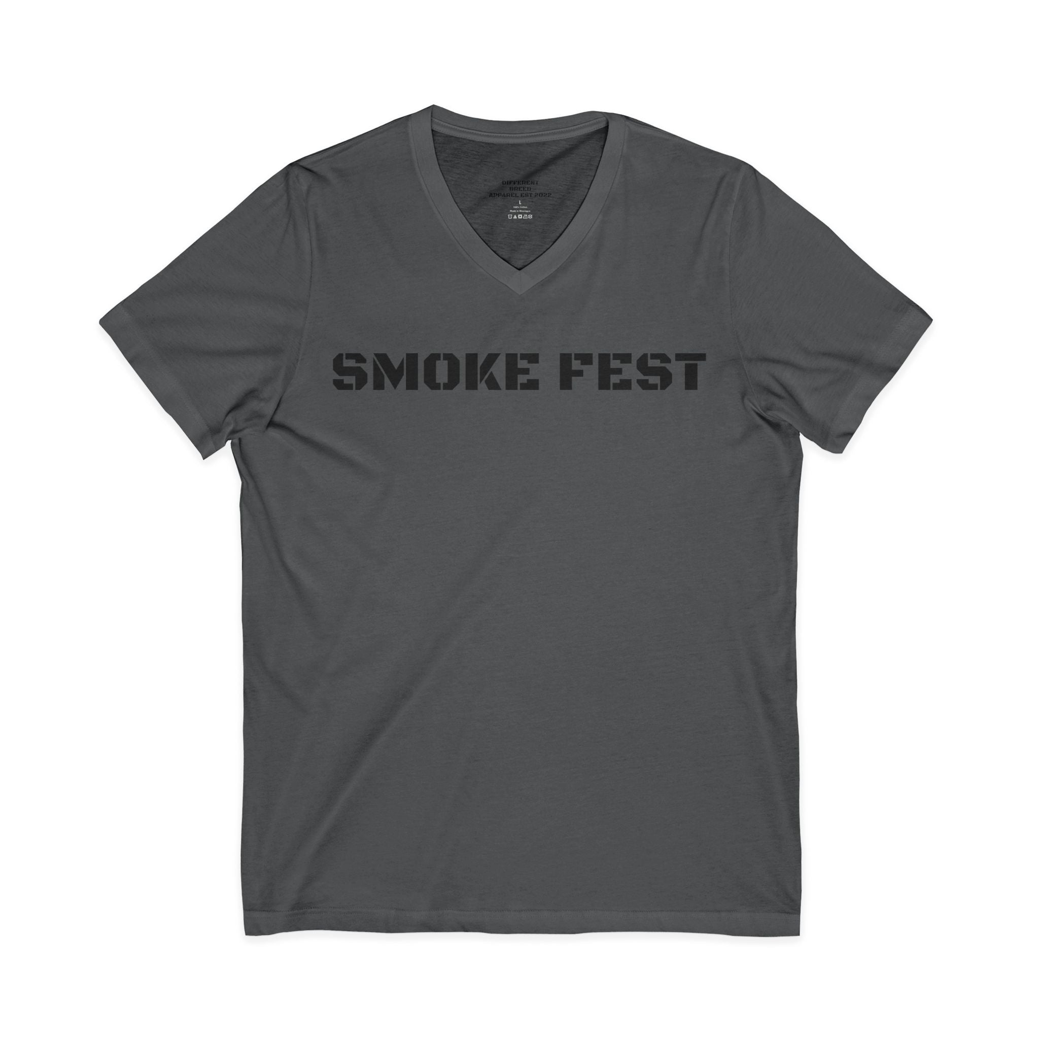 Smoke Fest V-Neck Tee — Bold Stencil Text T-Shirt for BBQ & Festival Fans