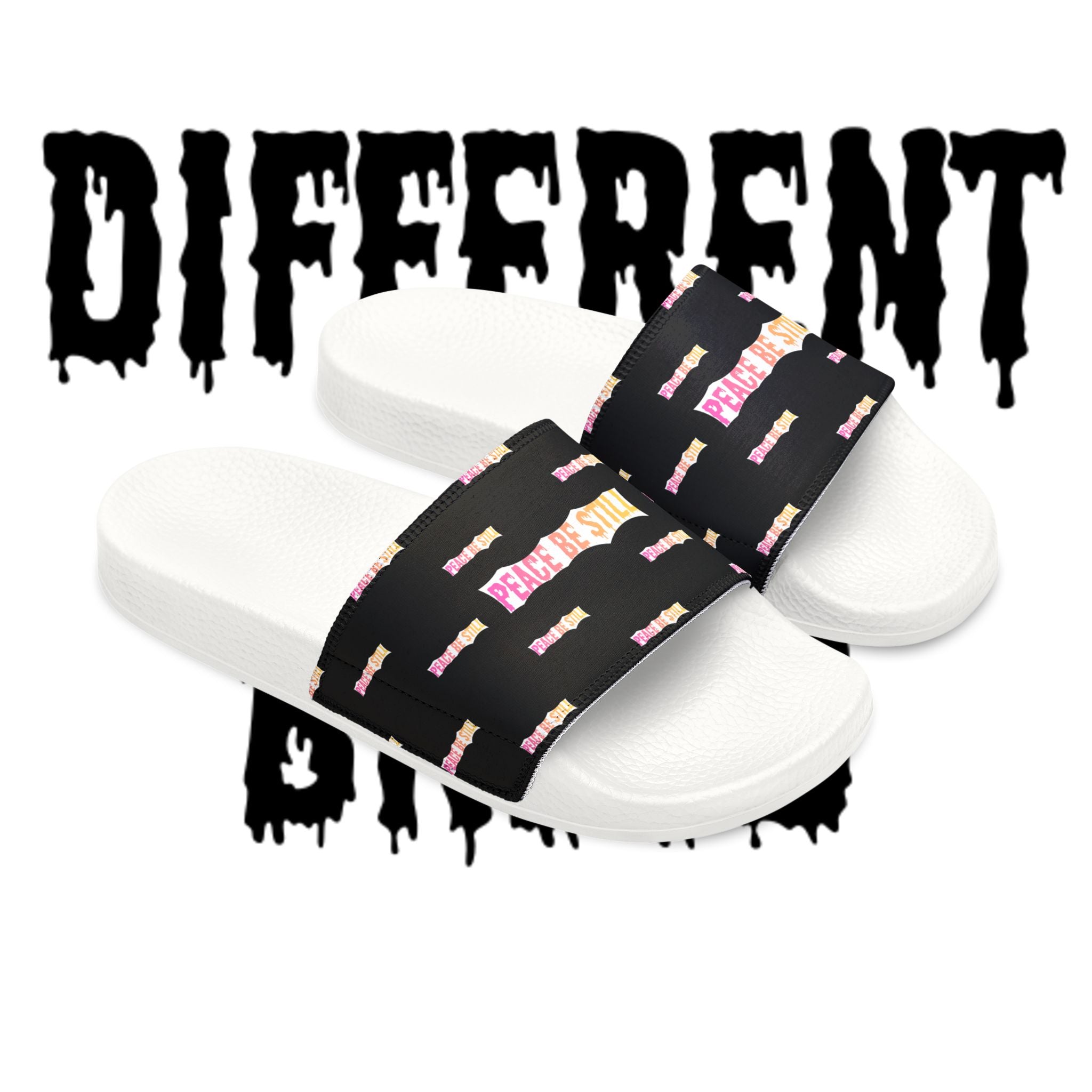 Slide Sandals — Black Printed "Peace & Shh" Straps, Removable‑Strap Pool Slides