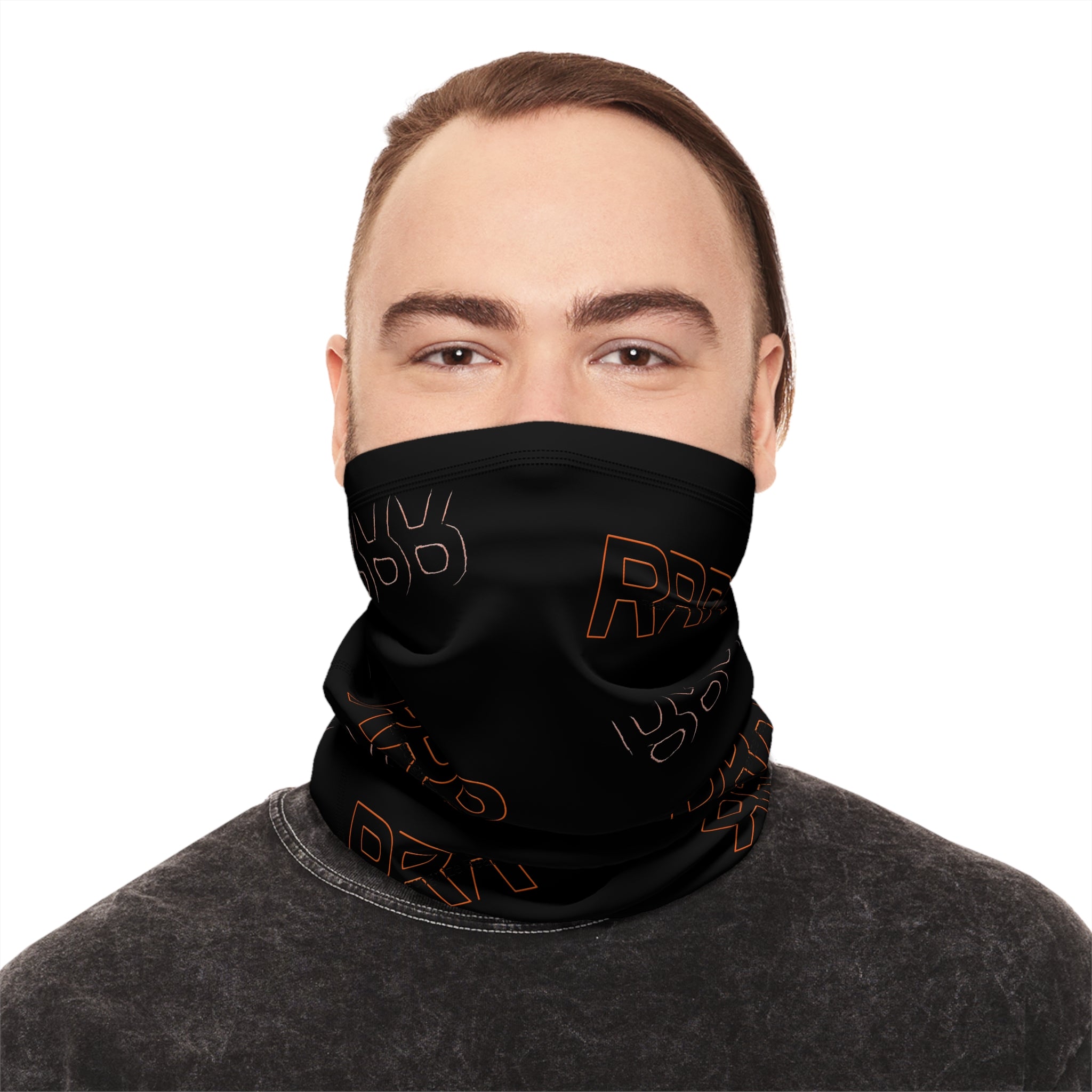 Black Winter Neck Gaiter with Drawstring — Repeating “RRR” Logo Cold-Weather Face Mask