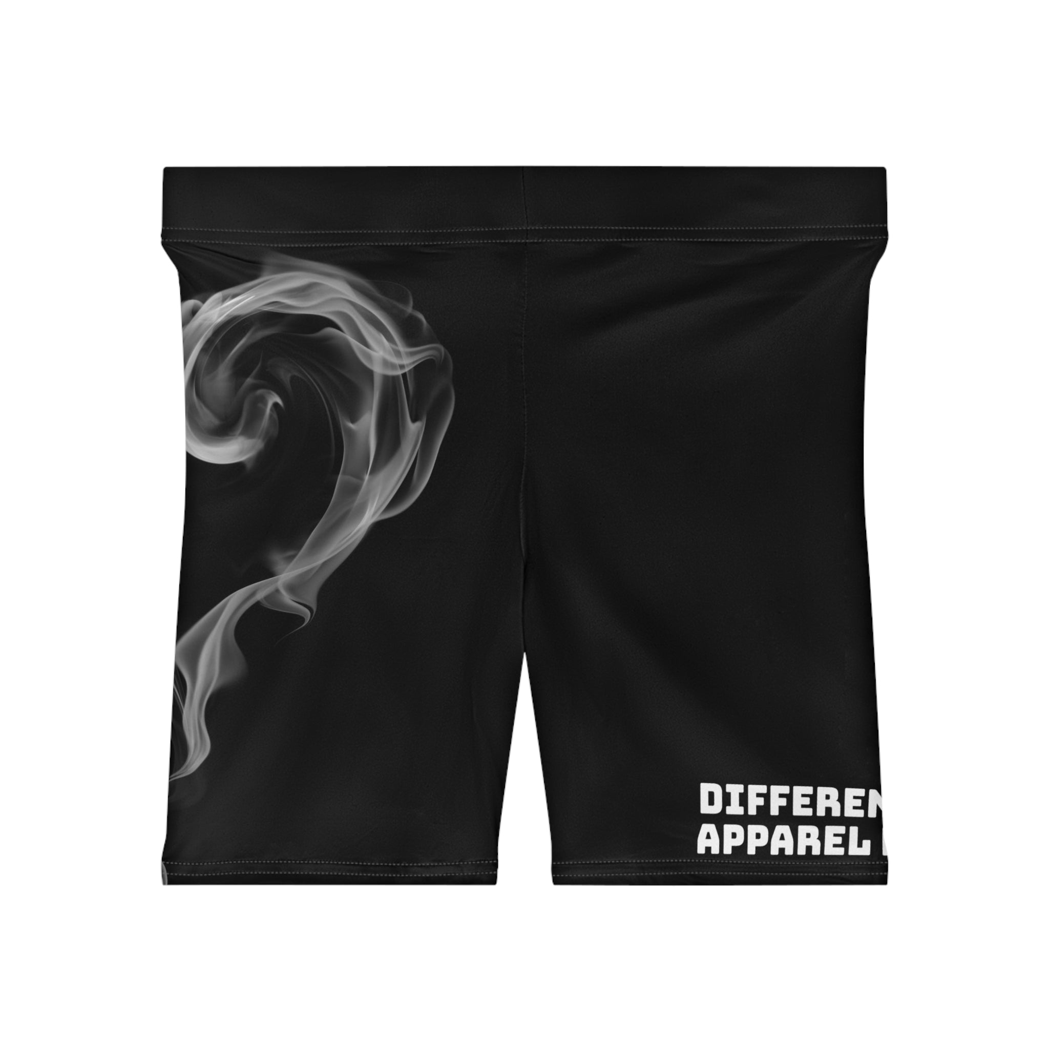 Women’s Biker Shorts – Blue & Black Split Design with Smoky Heart, "Different Apparel" Text
