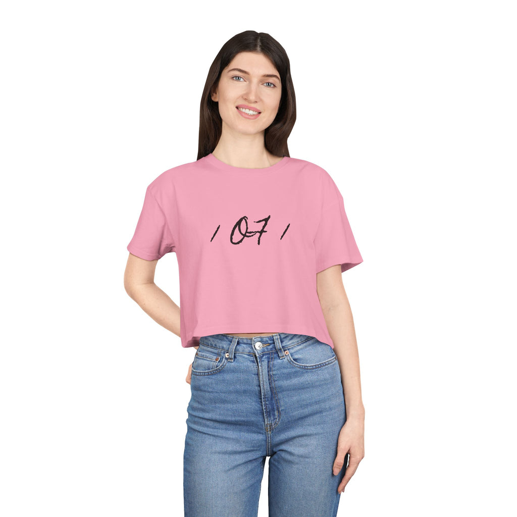 Crop Tee — Minimal Script "07" Front with Script Back Text