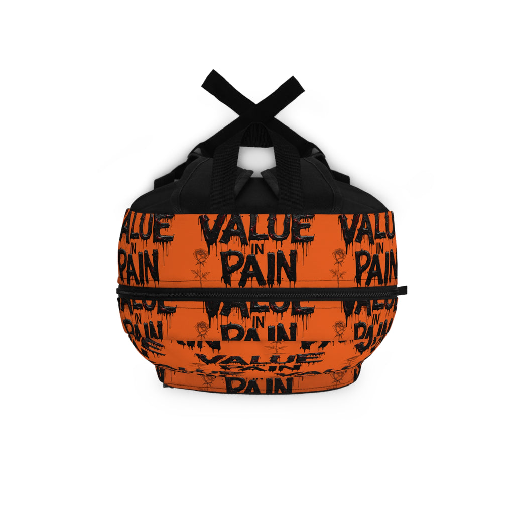 Backpack — Orange "Value in Pain" Graphic Backpack, Edgy Streetwear School Bag
