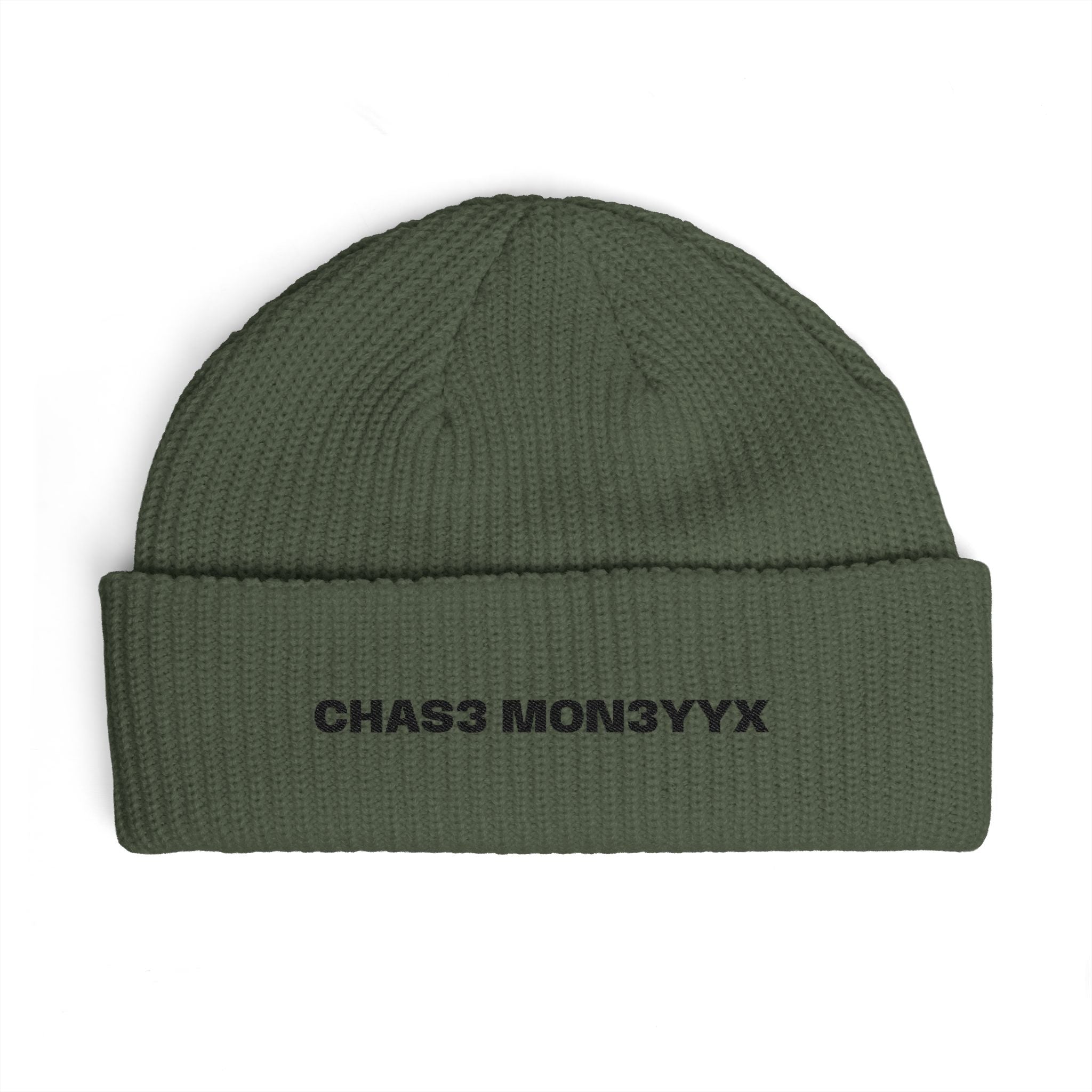 Embroidered Cuff Beanie — "CHAS3 MON3YYYX" Knit Hat